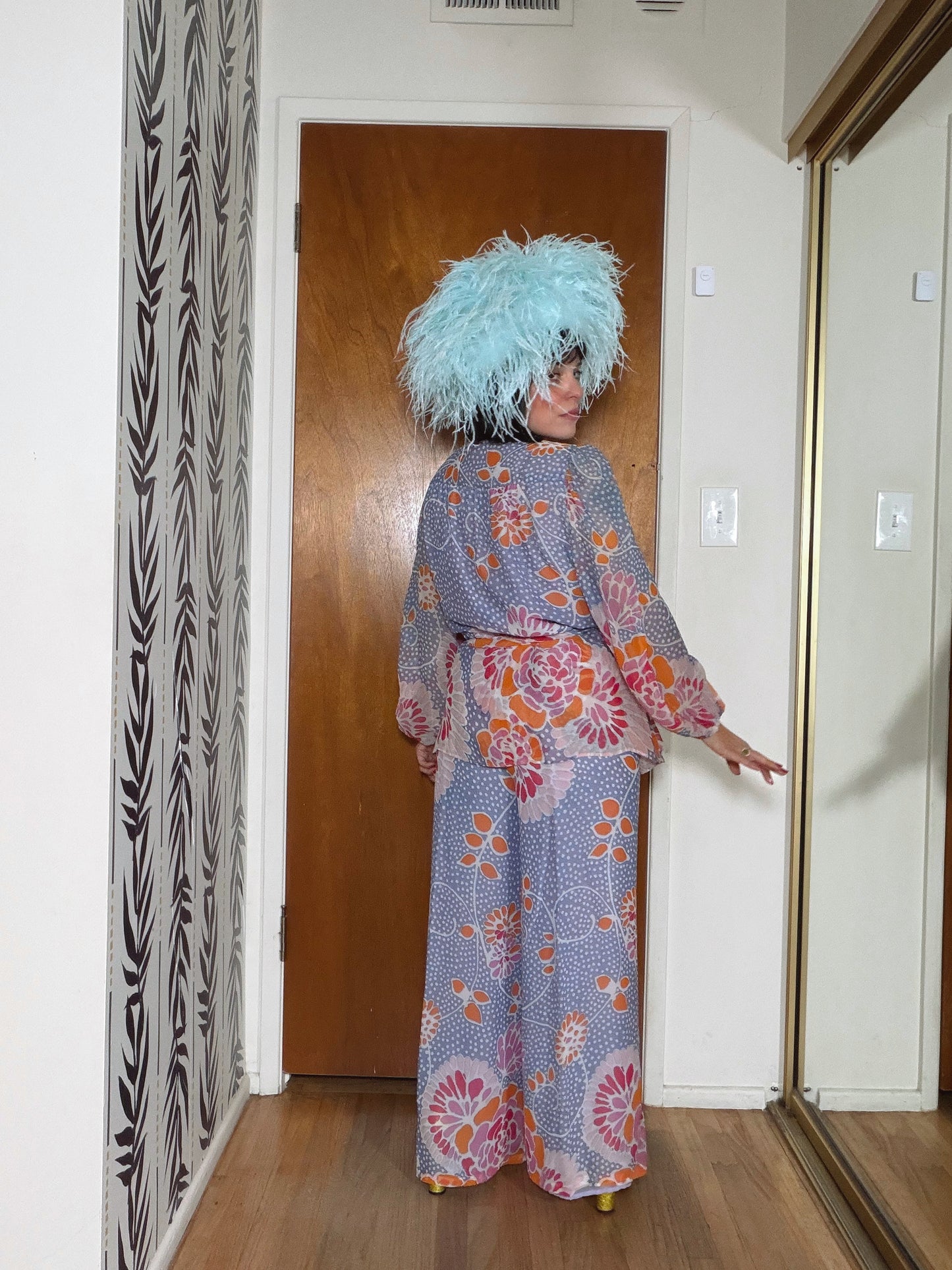 Vintage 60s Floral Silk Chiffon Pant Set by Albert Capraro Fits XS-M