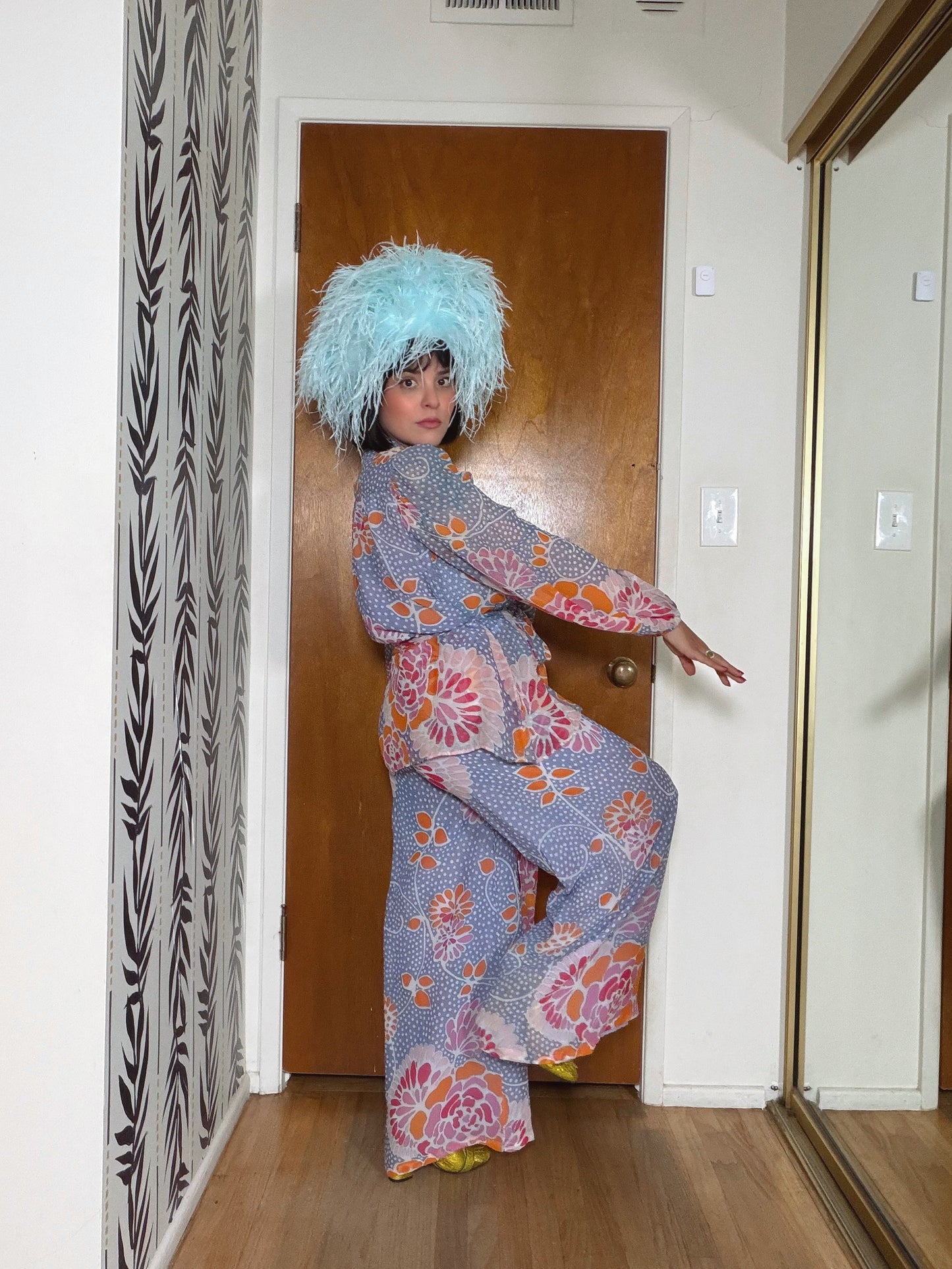 Vintage 60s Floral Silk Chiffon Pant Set by Albert Capraro Fits XS-M