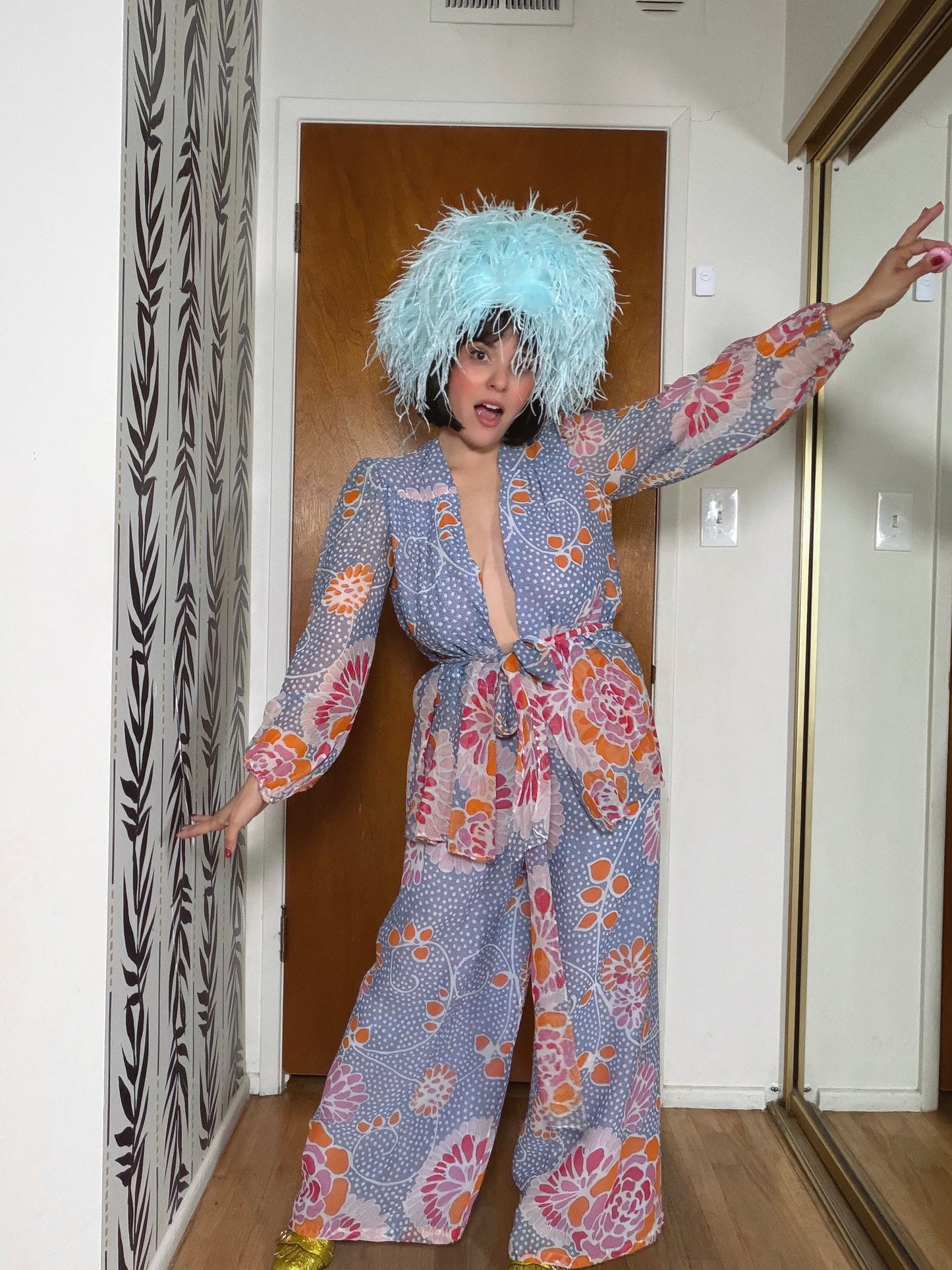 Vintage 60s Floral Silk Chiffon Pant Set by Albert Capraro Fits XS-M