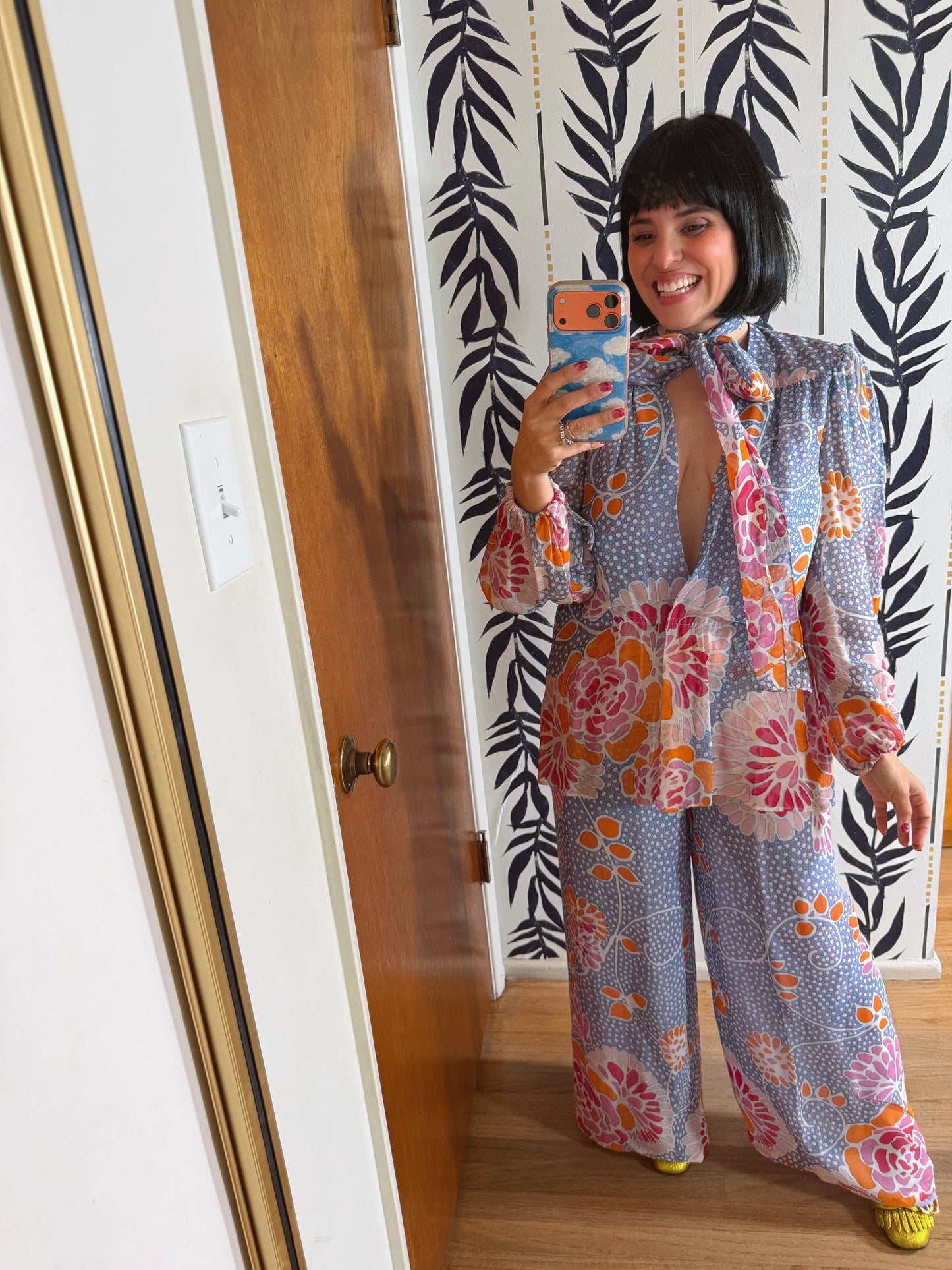 Vintage 60s Floral Silk Chiffon Pant Set by Albert Capraro Fits XS-M