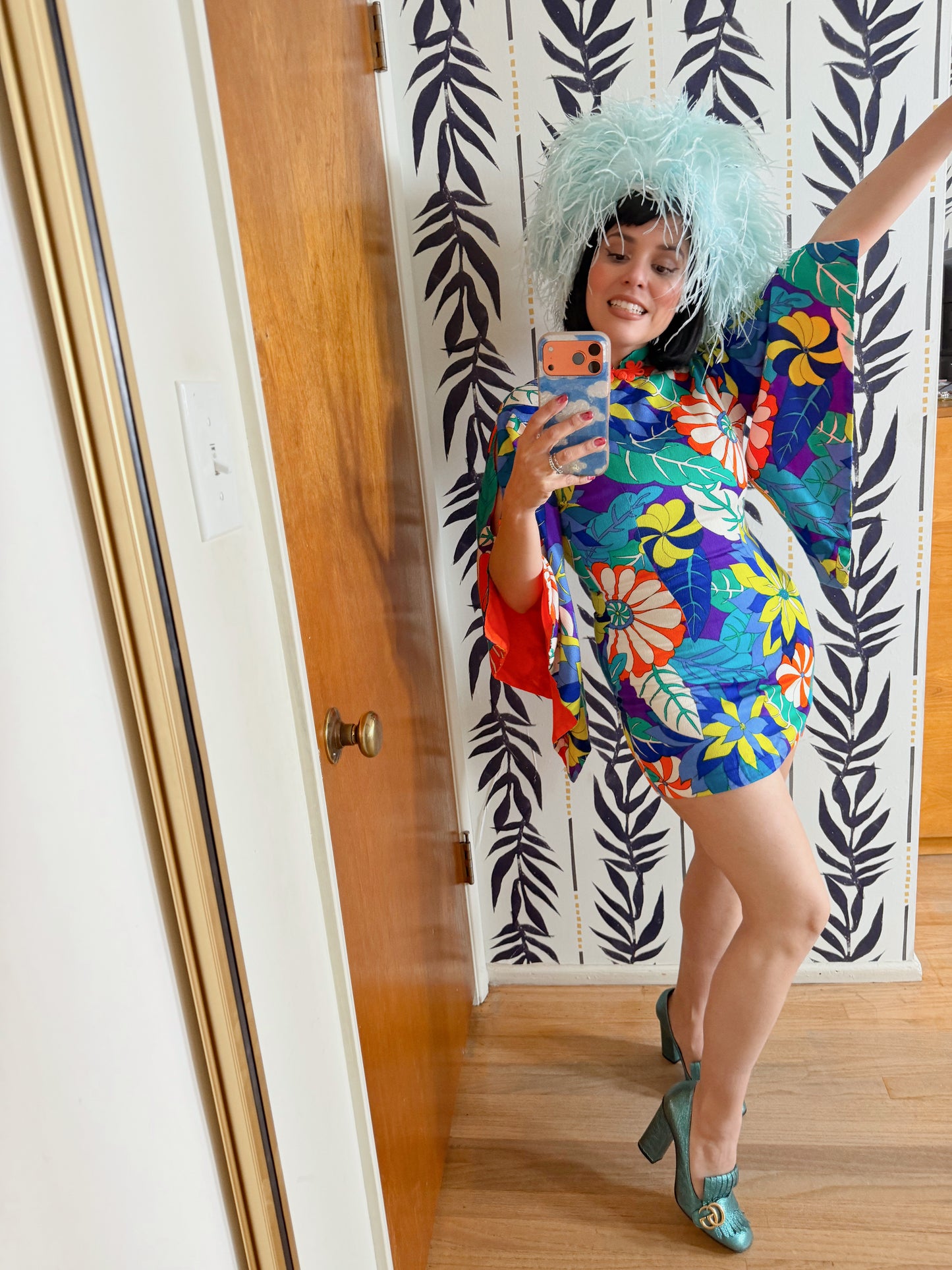 Vintage Tiki 60s Neon Wizard Sleeve Mini Dress by Lauhala made in Hawaii XS-SM