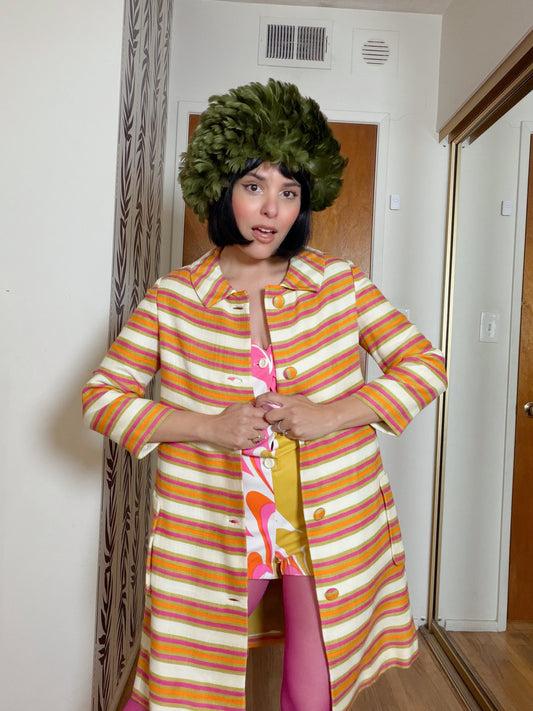 60s Olive Feather Hat Fits All Sizes