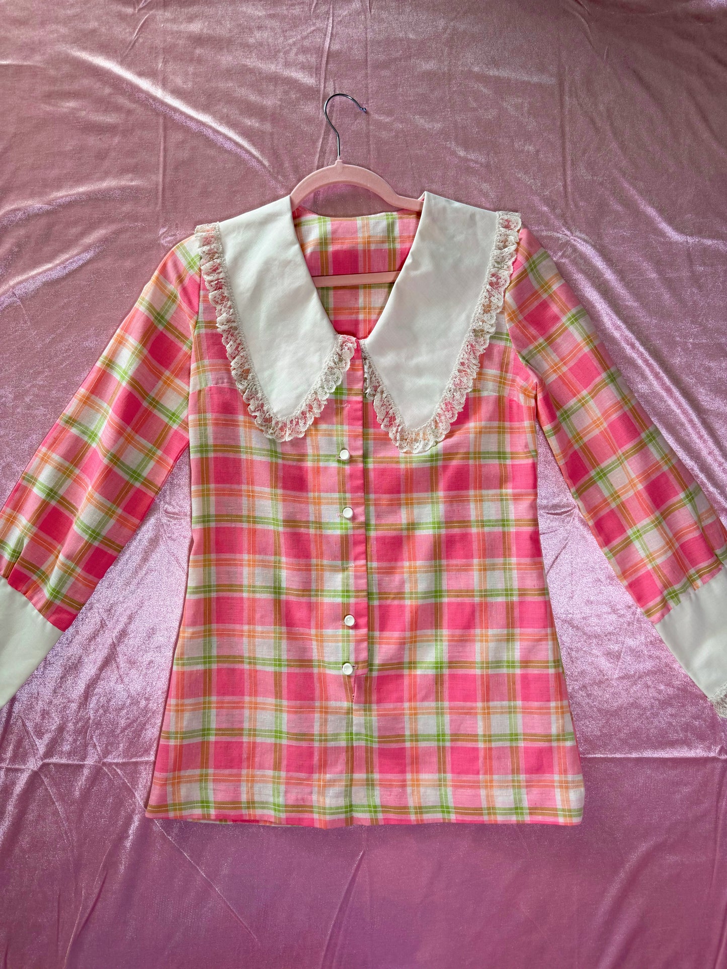 60s Pastel Pink Plaid Ultra Mini Tunic Dress Fits XS-SM