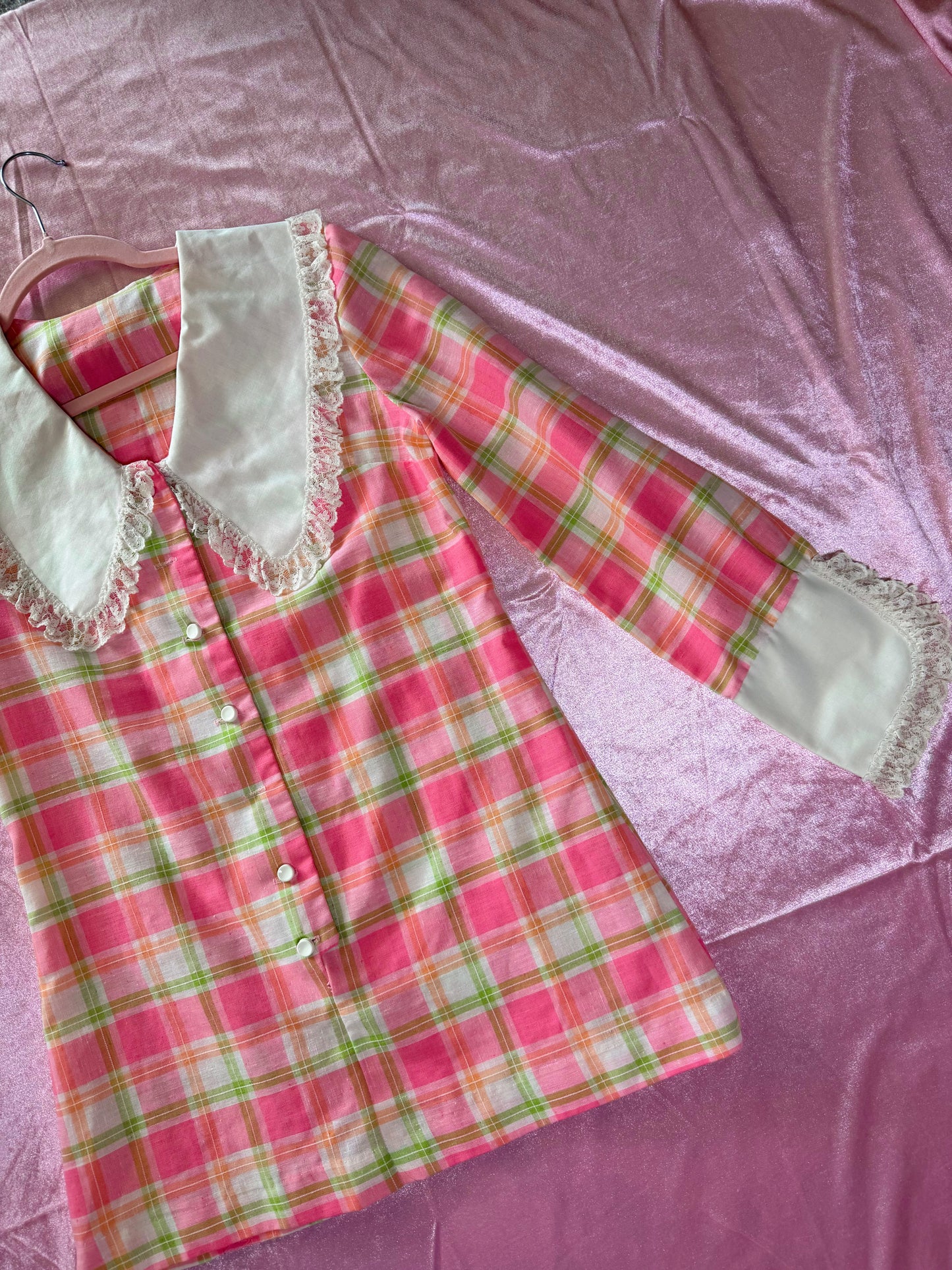 60s Pastel Pink Plaid Ultra Mini Tunic Dress Fits XS-SM