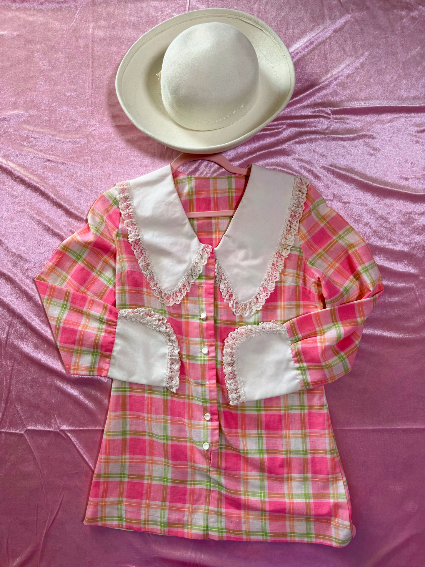 60s Pastel Pink Plaid Ultra Mini Tunic Dress Fits XS-SM