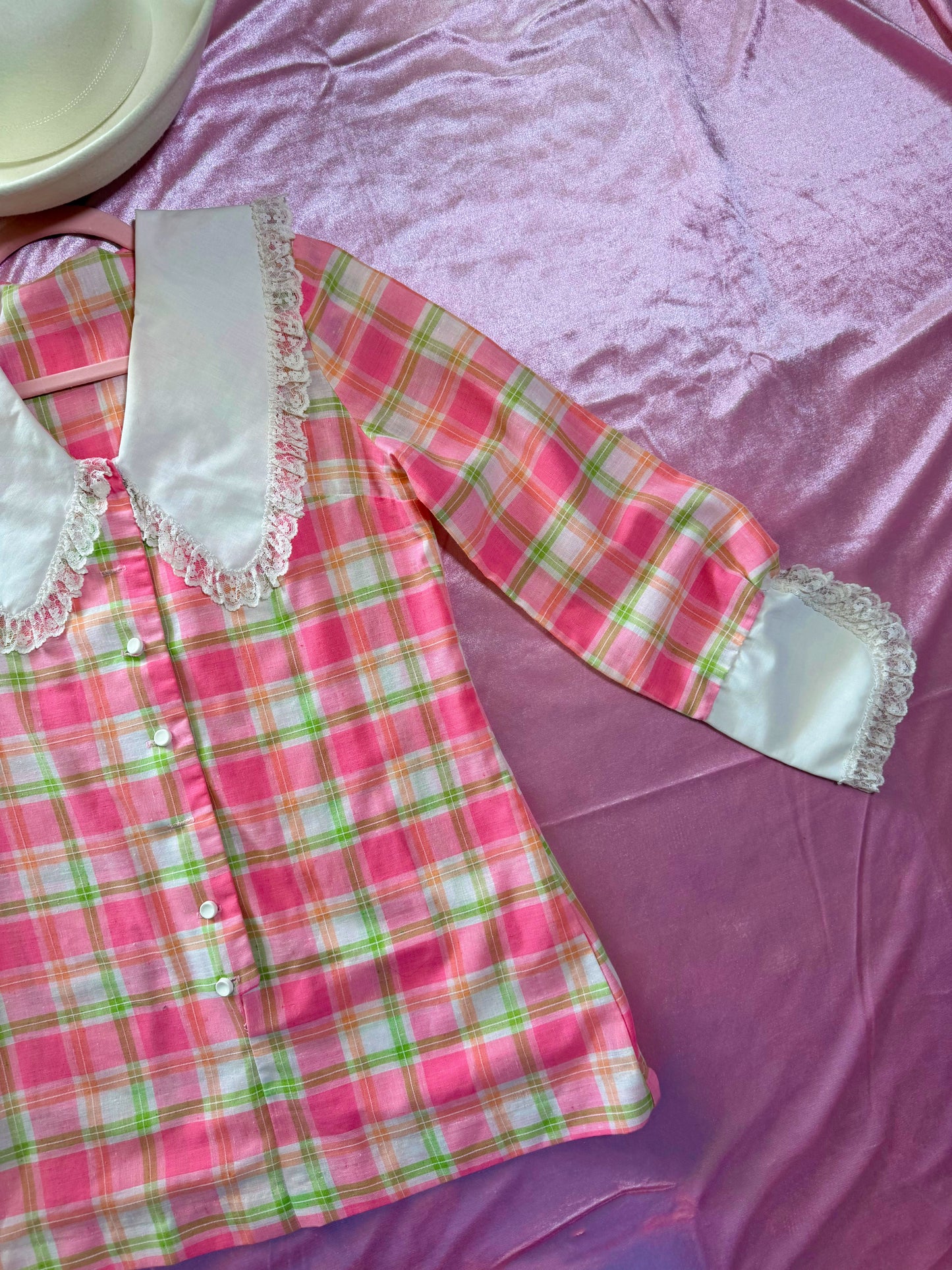 60s Pastel Pink Plaid Ultra Mini Tunic Dress Fits XS-SM