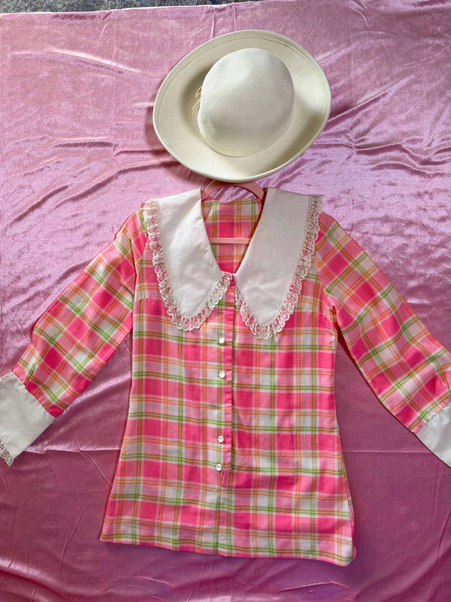 60s Pastel Pink Plaid Ultra Mini Tunic Dress Fits XS-SM