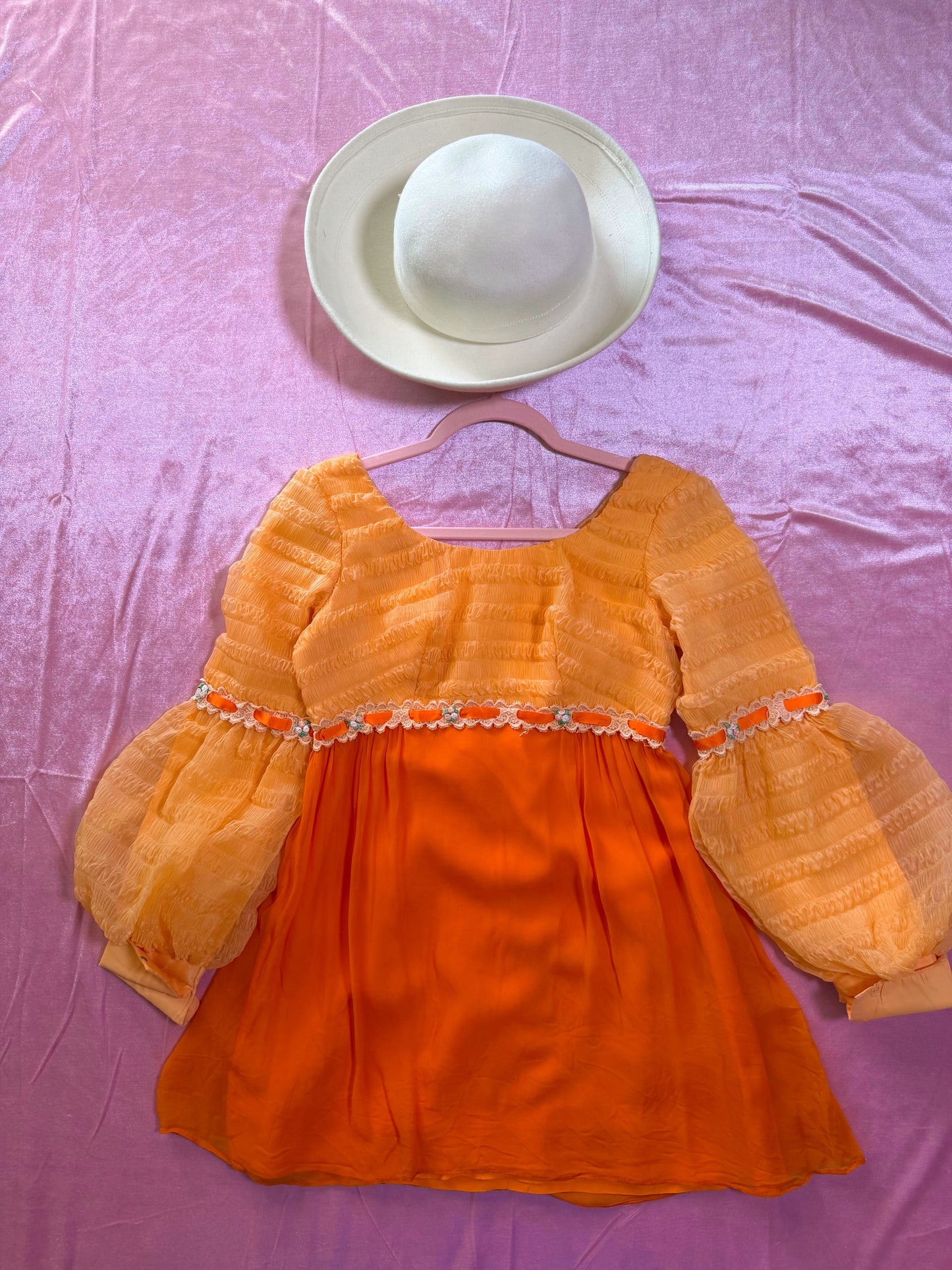 Vintage 60s Peachy Chiffon Juliet Mini Dress XS