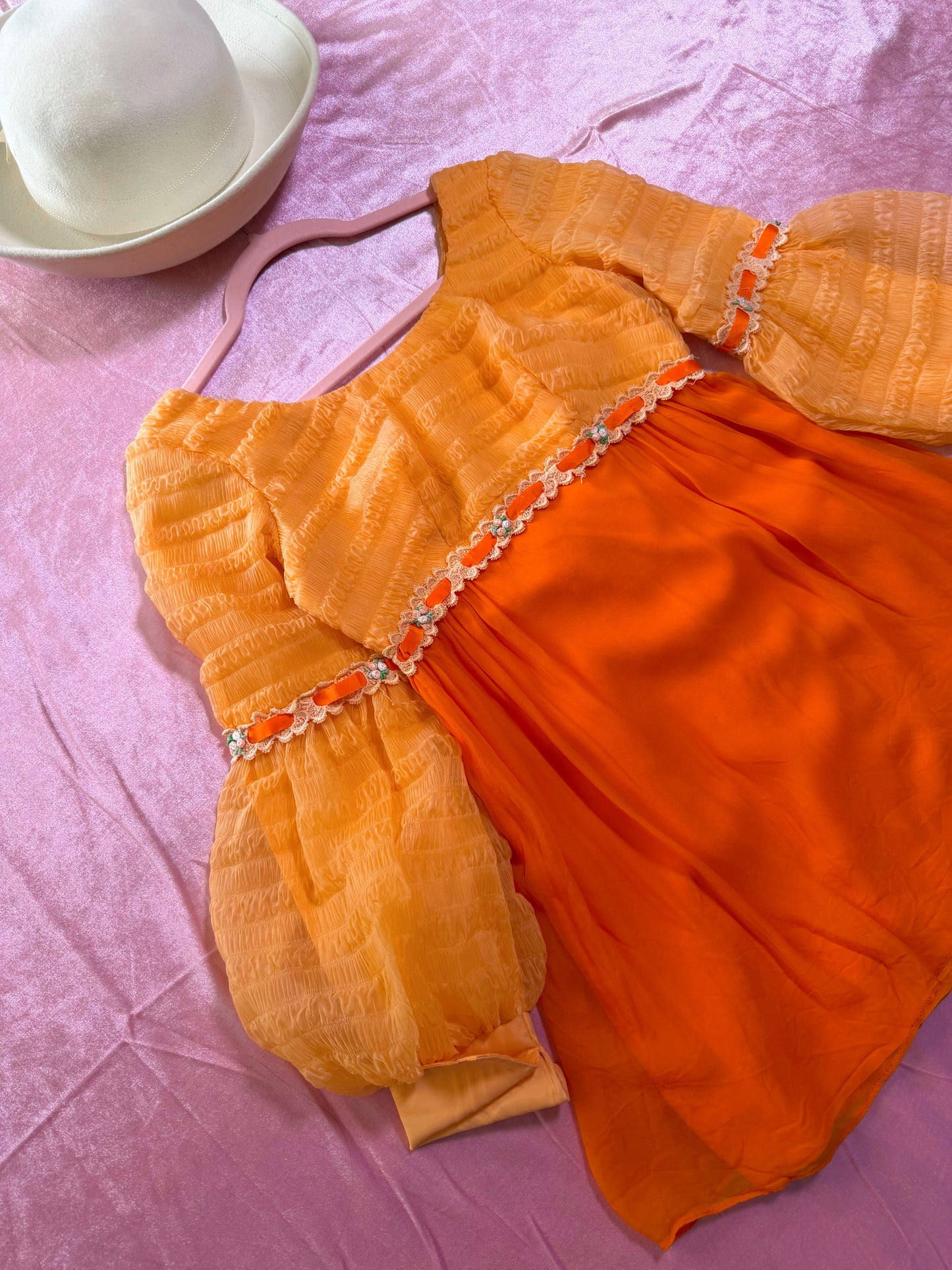 Vintage 60s Peachy Chiffon Juliet Mini Dress XS