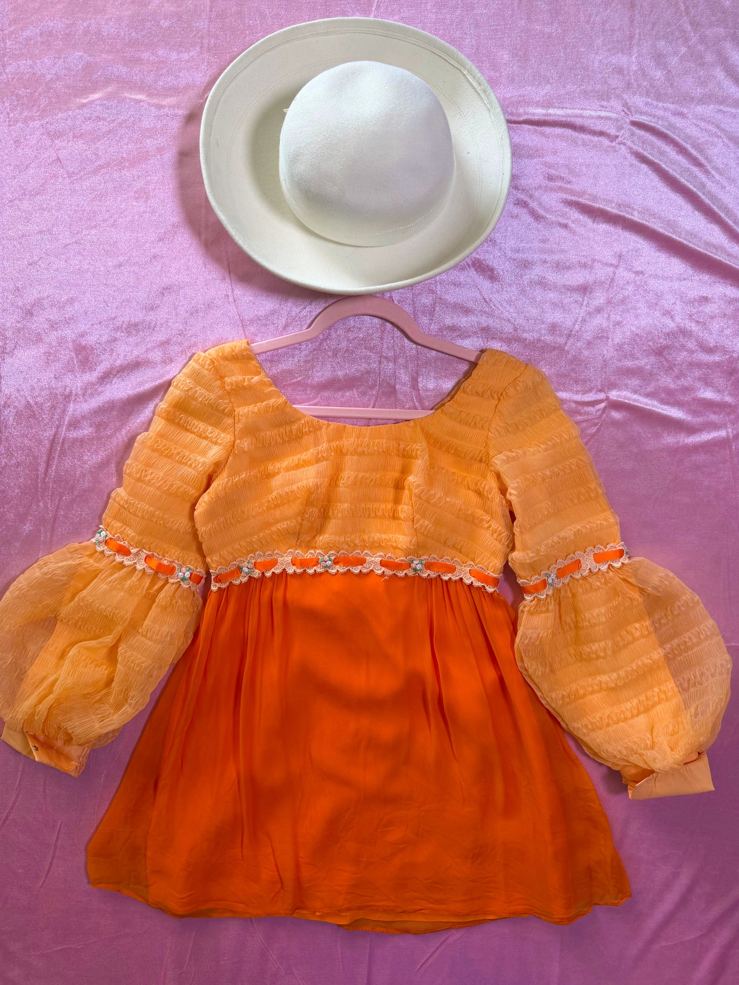 Vintage 60s Peachy Chiffon Juliet Mini Dress XS