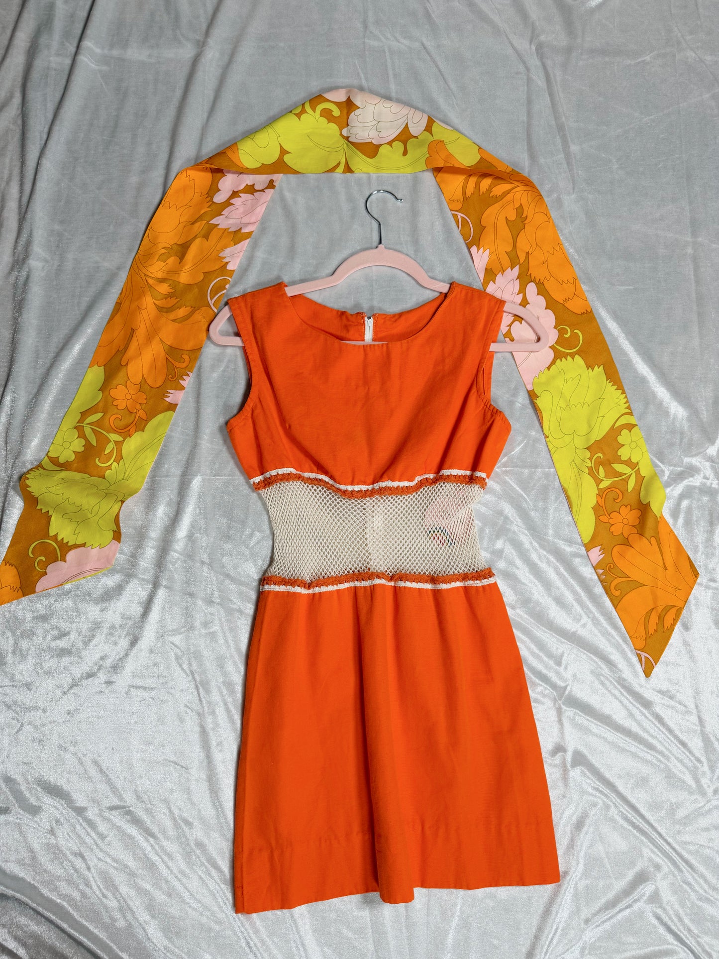 Vintage Mod GO-GO Dancer 60s Orange and Mesh Mini Dress Fits XS-SM and Possible size M