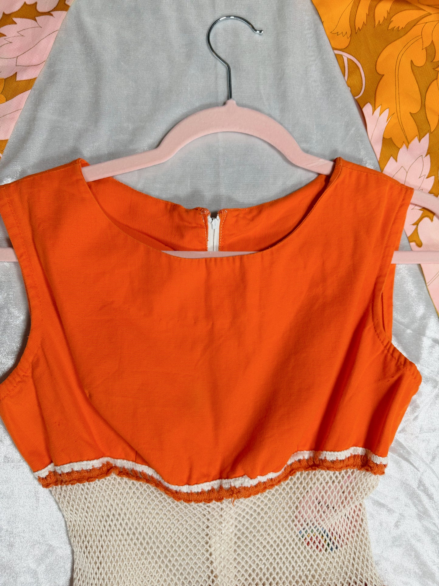 Vintage Mod GO-GO Dancer 60s Orange and Mesh Mini Dress Fits XS-SM and Possible size M