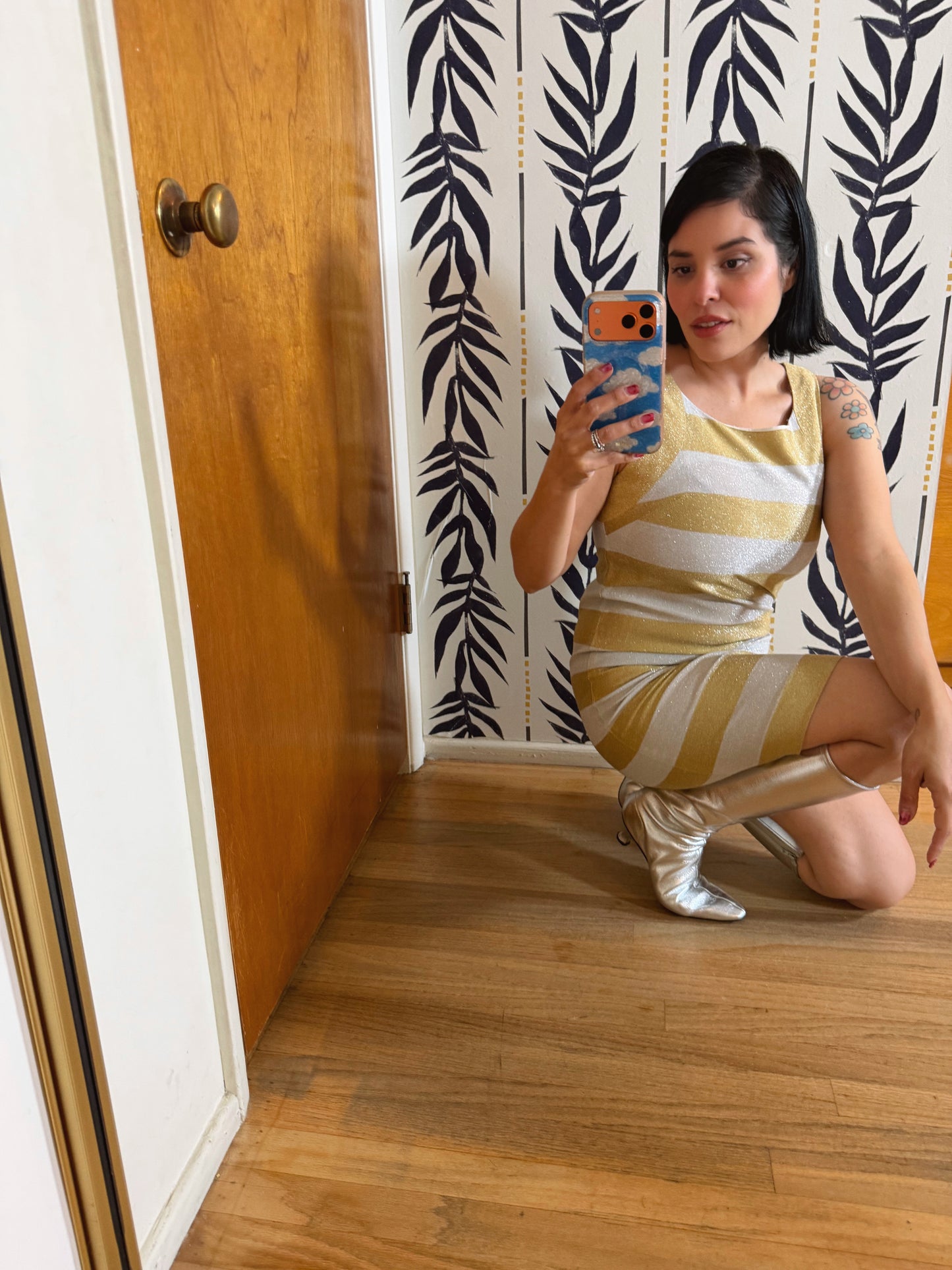 60s Vintage MOD Silver and Gold Striped Metallic Dress by Simon Massey London Fits XS-SM and possible size M