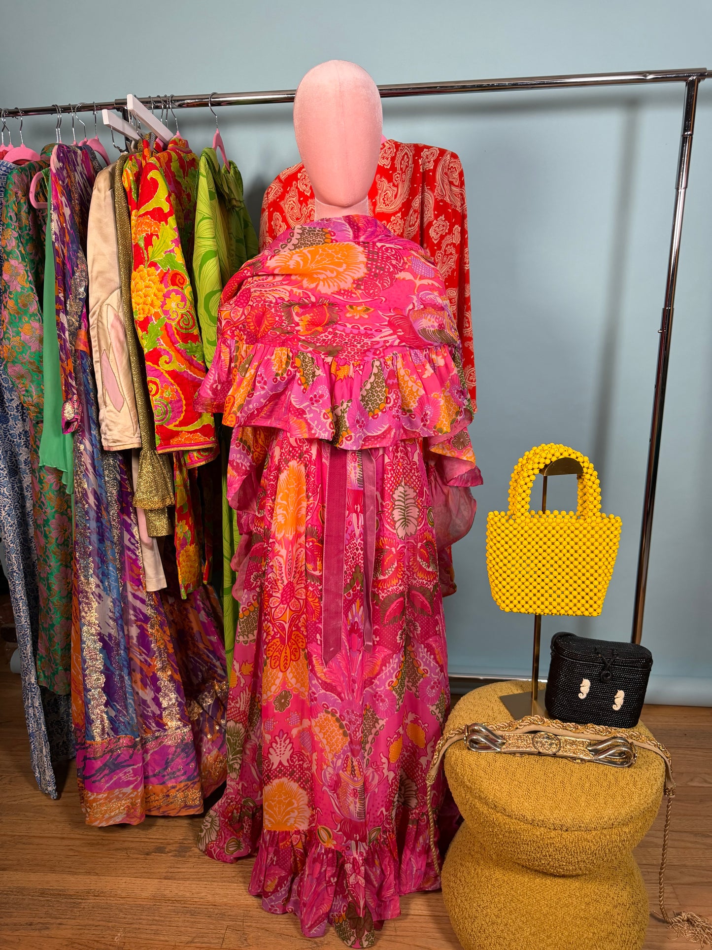 Vintage 60s Malcolm Starr Elinor Simmons Silk Chiffon Pink floral Psychedelic Maxi Gown & Shawl Fits XS-SM