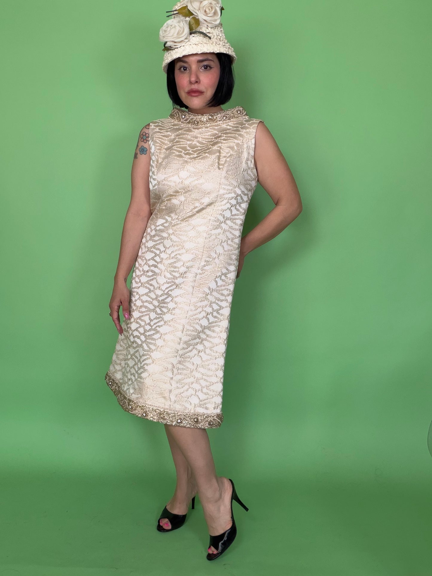 Vintage 60s Mod White Brocade Cocktail Dress by Bullock Whilshire fits S-M & possible size L
