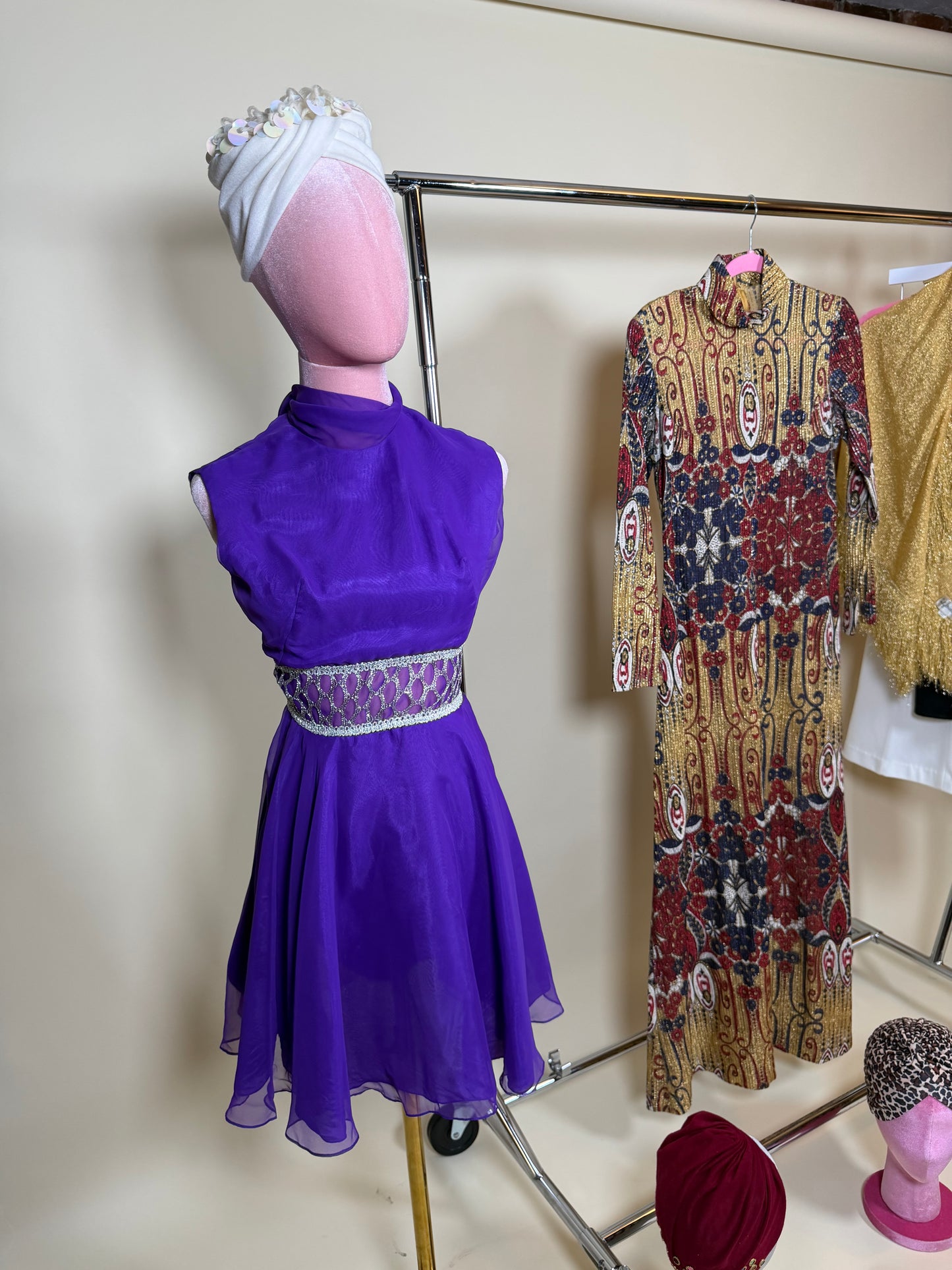 60s Mod Purple and Silver Space Age Chiffon Dress Fits XS-SM