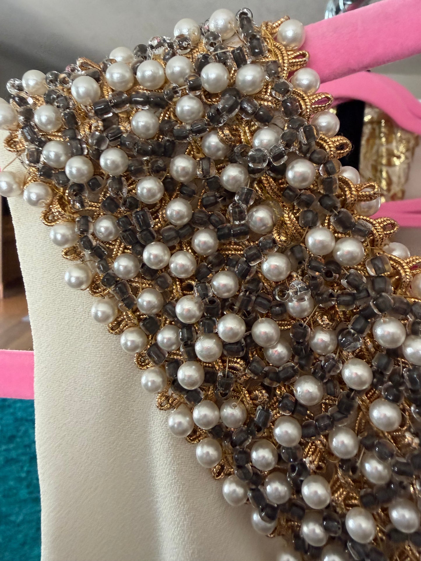 50s Vintage Emma Domb One Shoulder Embellished Pearl Beading Gown Fits XS-SM