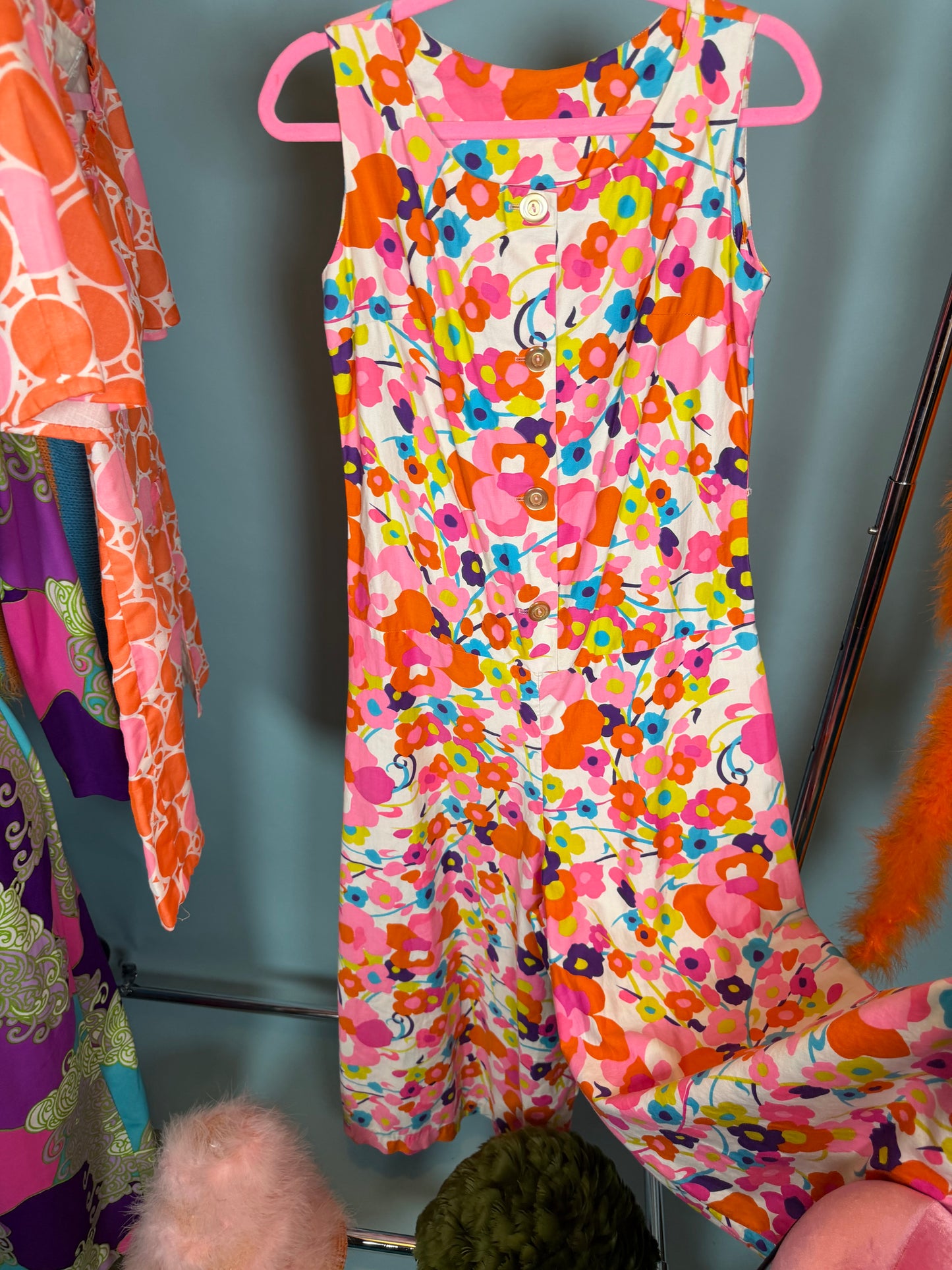 60s Carol Brent Floral Ultra Wide Leg Jumpsuit Fits XS-SM