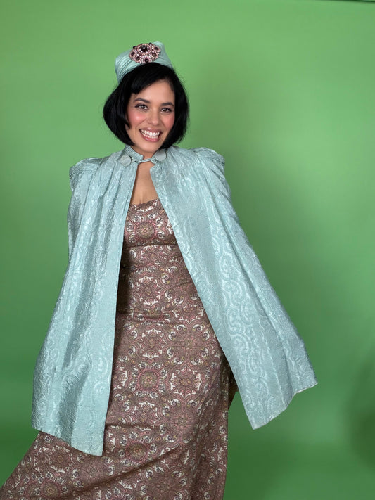 Vintage 30s / 40s Tile Print Cold Rayon Gown with Peplum Fits XS-SM