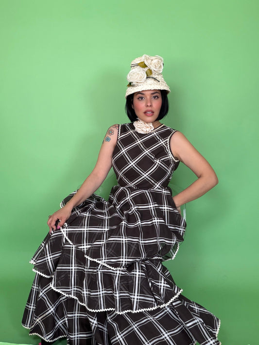 Vintage 60s Melissa Lane Chocolate & White Tiered Maxi Dress Fits XS-SM