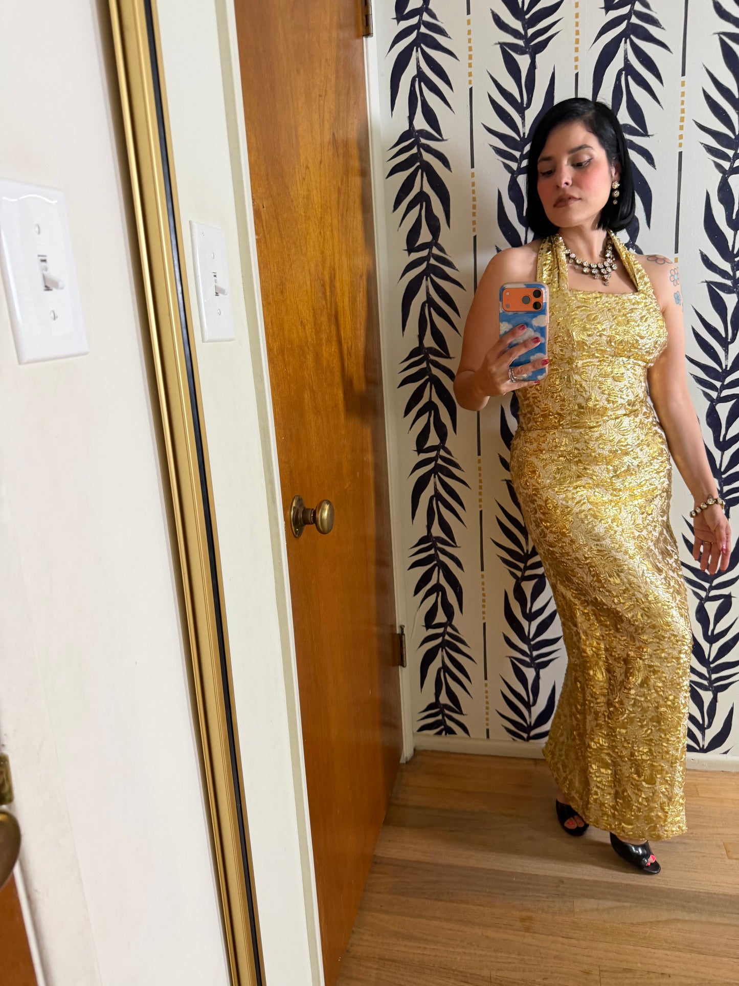 50s Vintage Gold Brocade Bombshell Halter Gown XS-SM