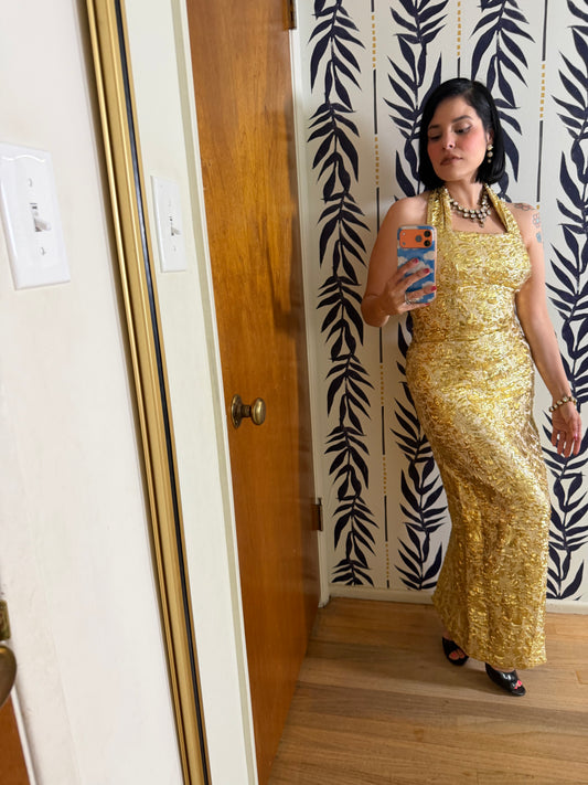 50s Vintage Gold Brocade Bombshell Halter Gown XS-SM