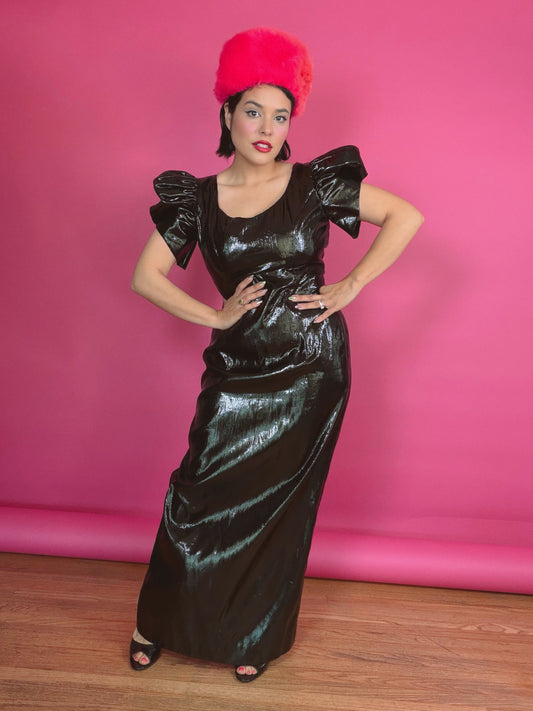 Vintage 1980s Wet Look Maxi Puffy Sleeves Gown Fits XS-M