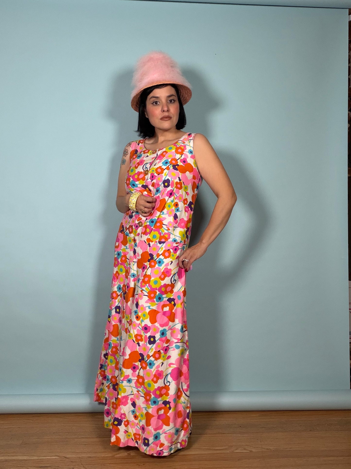 60s Carol Brent Floral Ultra Wide Leg Jumpsuit Fits XS-SM