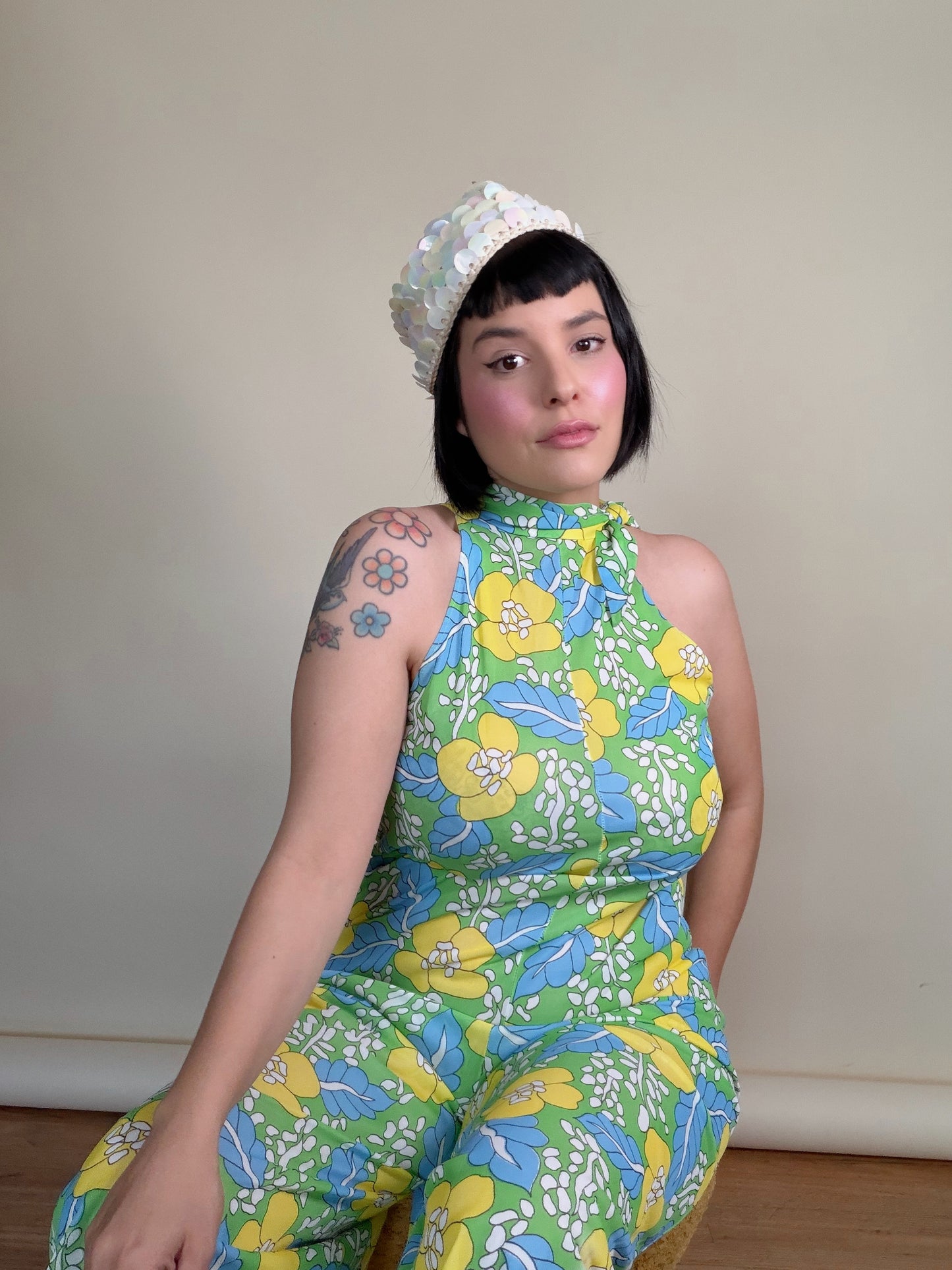 Vintage 60s Mod Hawaiian Citrus Floral Wideleg Jumpsuit Fits XS-M