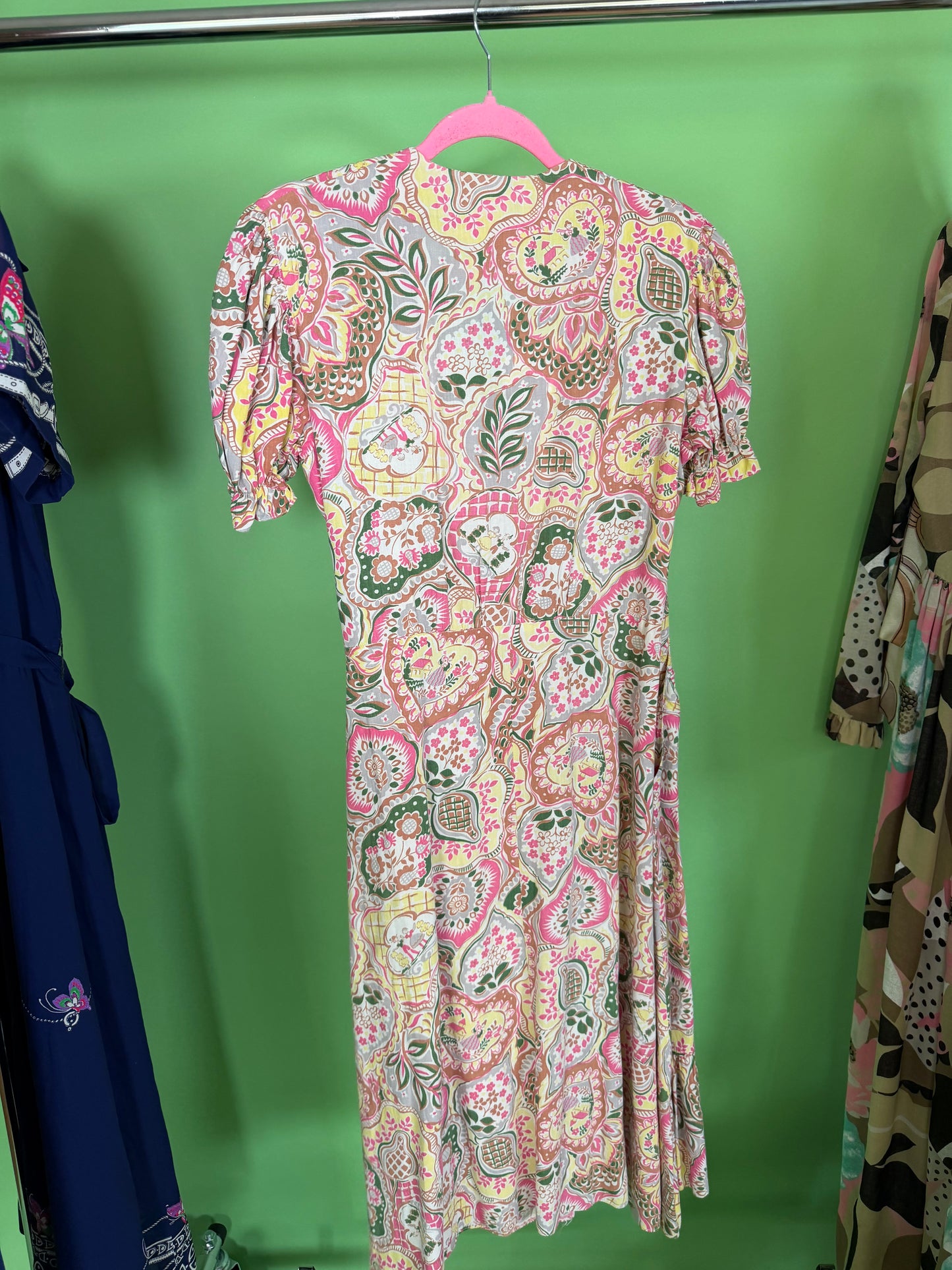 Vintage 40s Novelty Print Cotton Wrap Dress Modern Aire Fits S-L