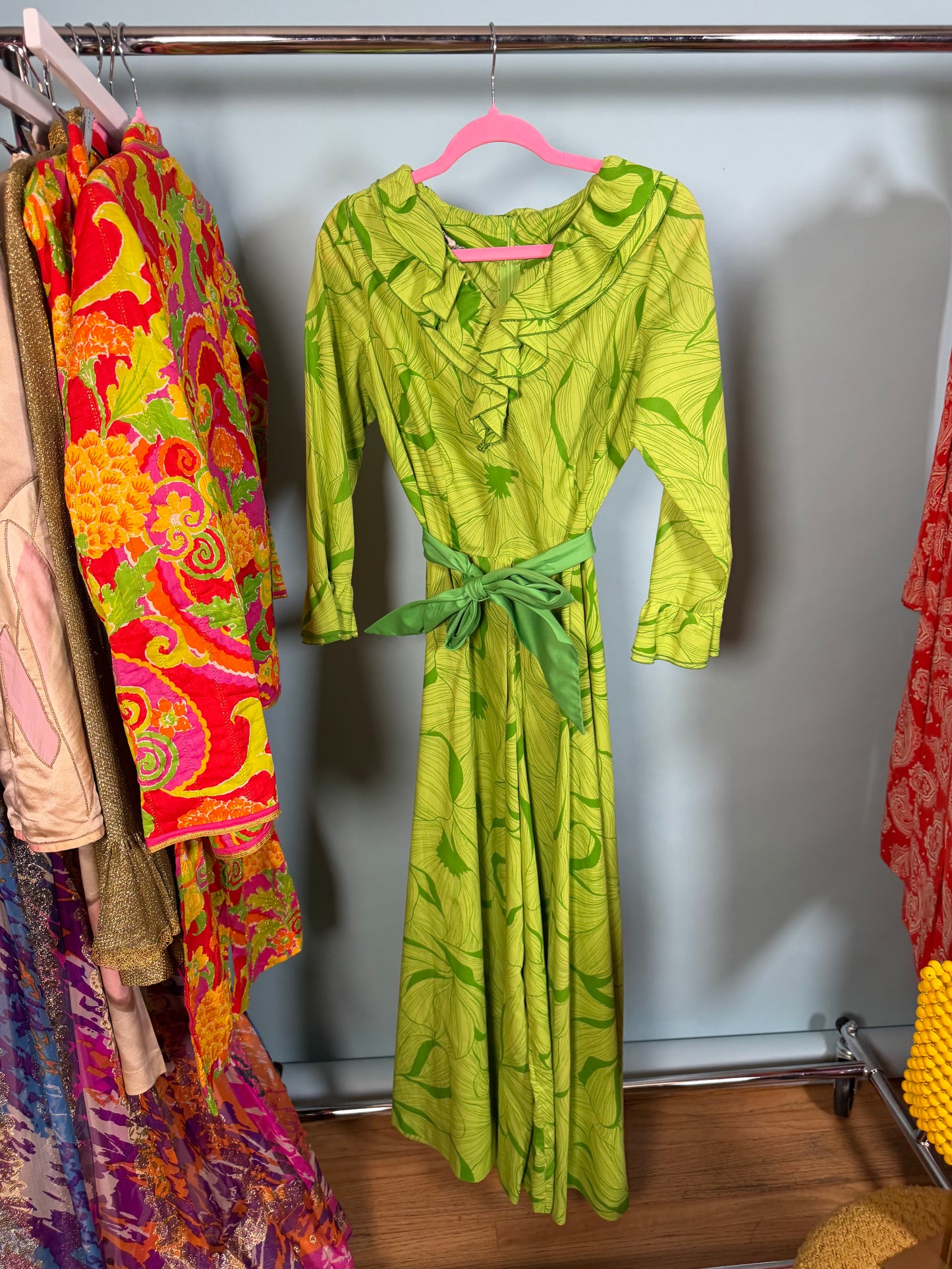 Vintage 60s McKells of Dallas Palm Leaves Cotton Material Extreme Palazzo Jumpsuit Fits XS-M