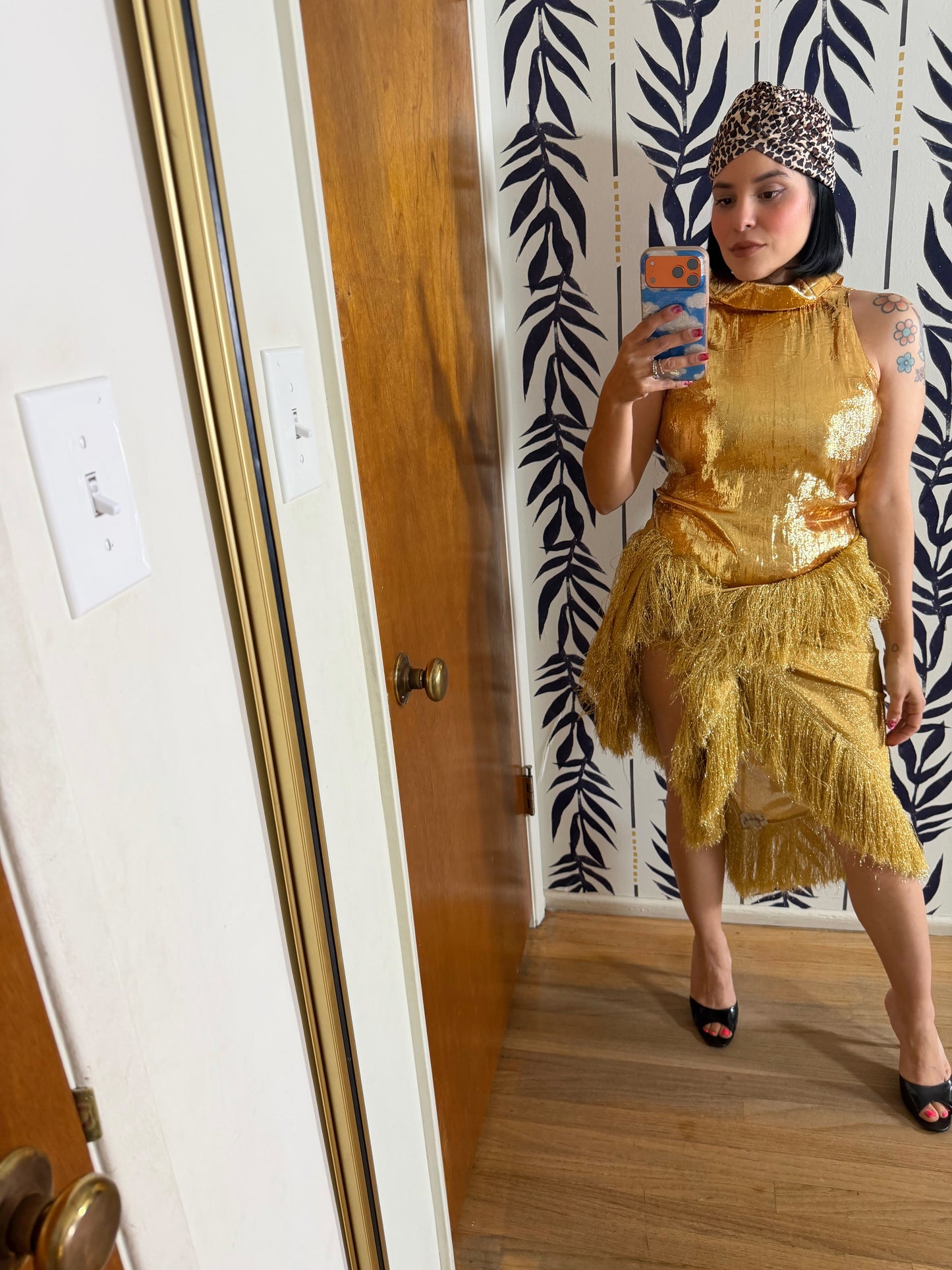 60s Vintage Gold Lame Wet look Bodysuit Fits XS-SM
