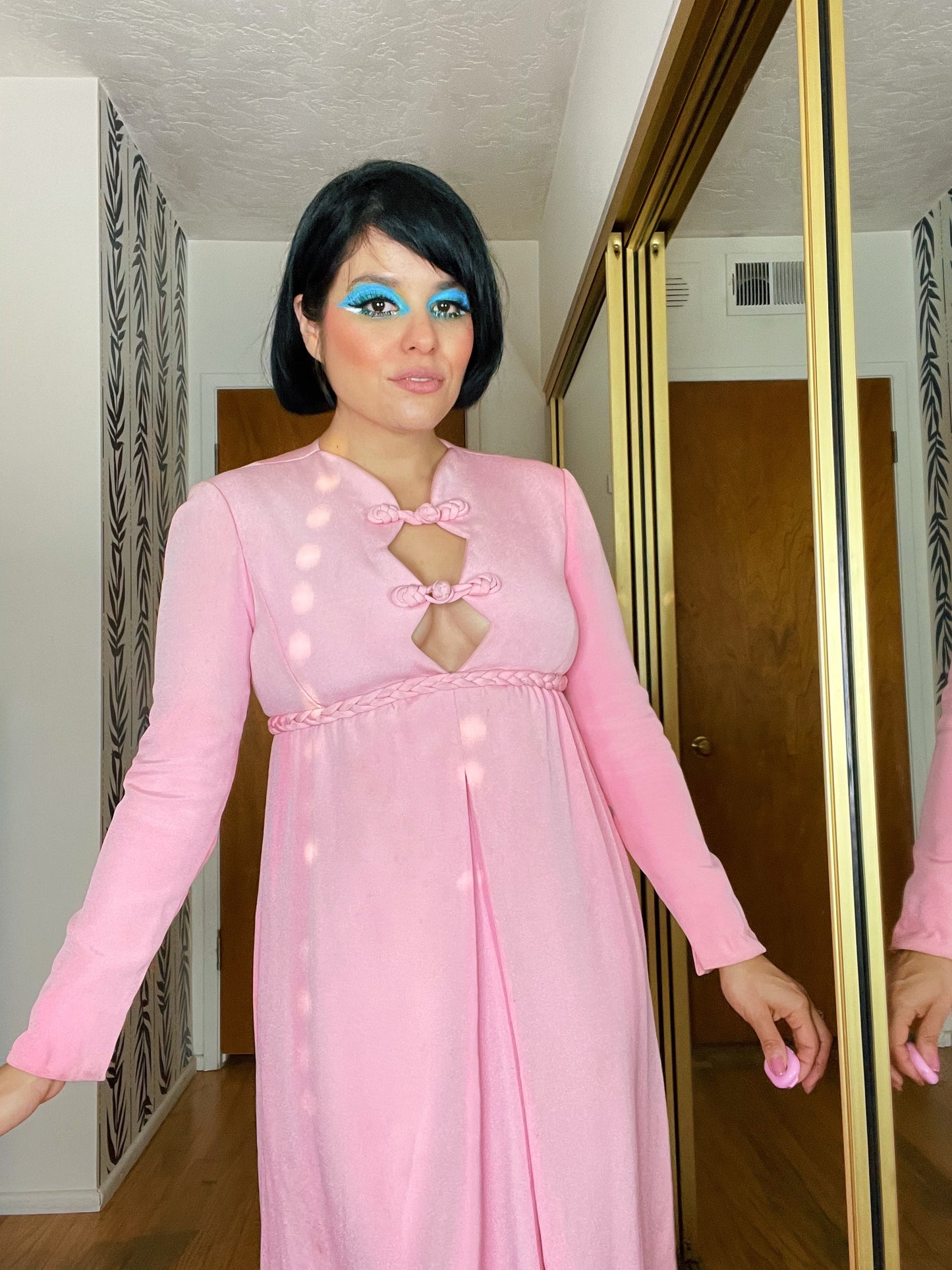 Vintage 60s Peekaboo Front Bubblegum Pink Empire Waist Dress Fits Sizes XS-SM