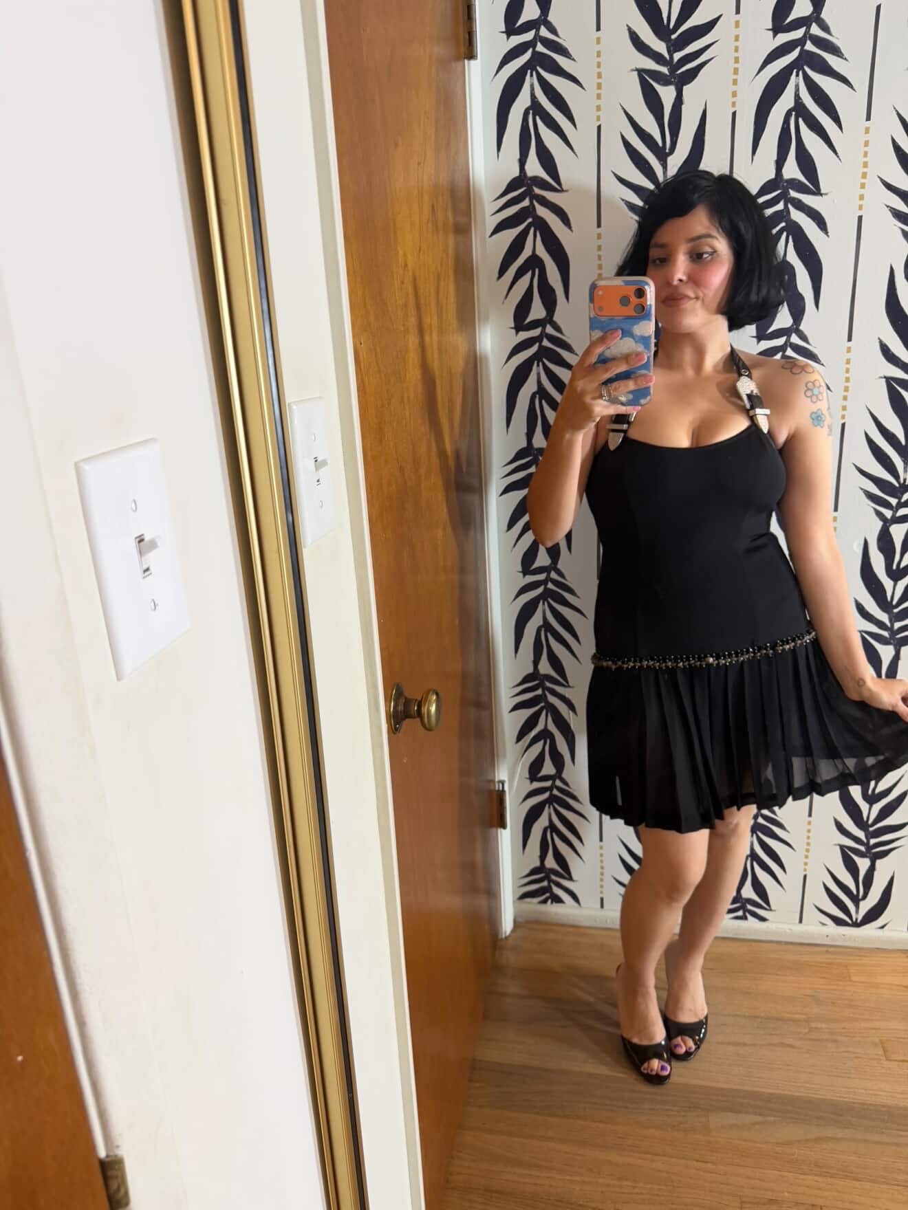 80/90s John Murrough Leather Strap Halter Silver Buckle Western Inspired Cocktail Dress XS-SM