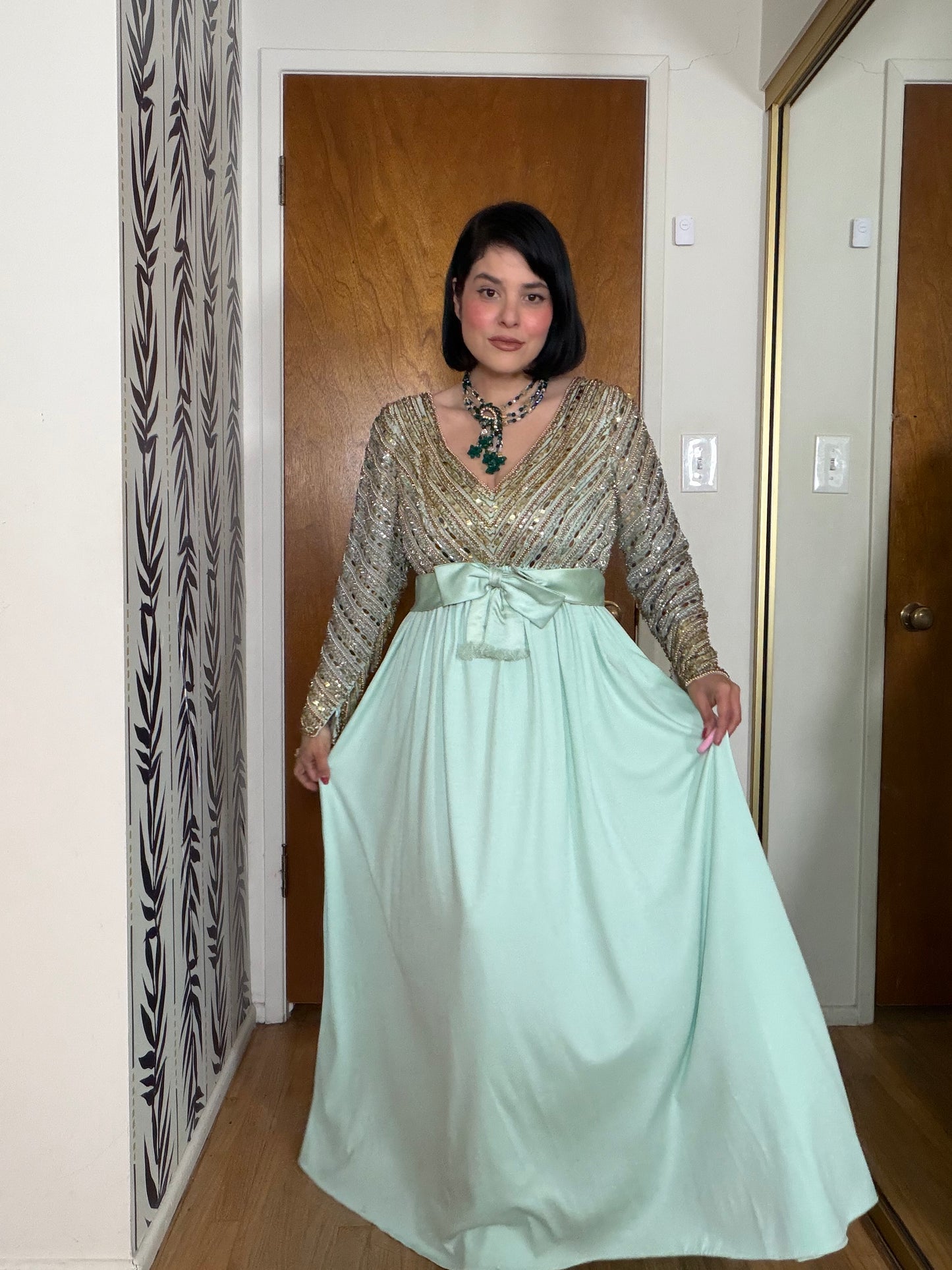 60s Vibes Victoria Royal Ltd. Embellished Chiffon Sea foam Green Gown S-M & possible size L