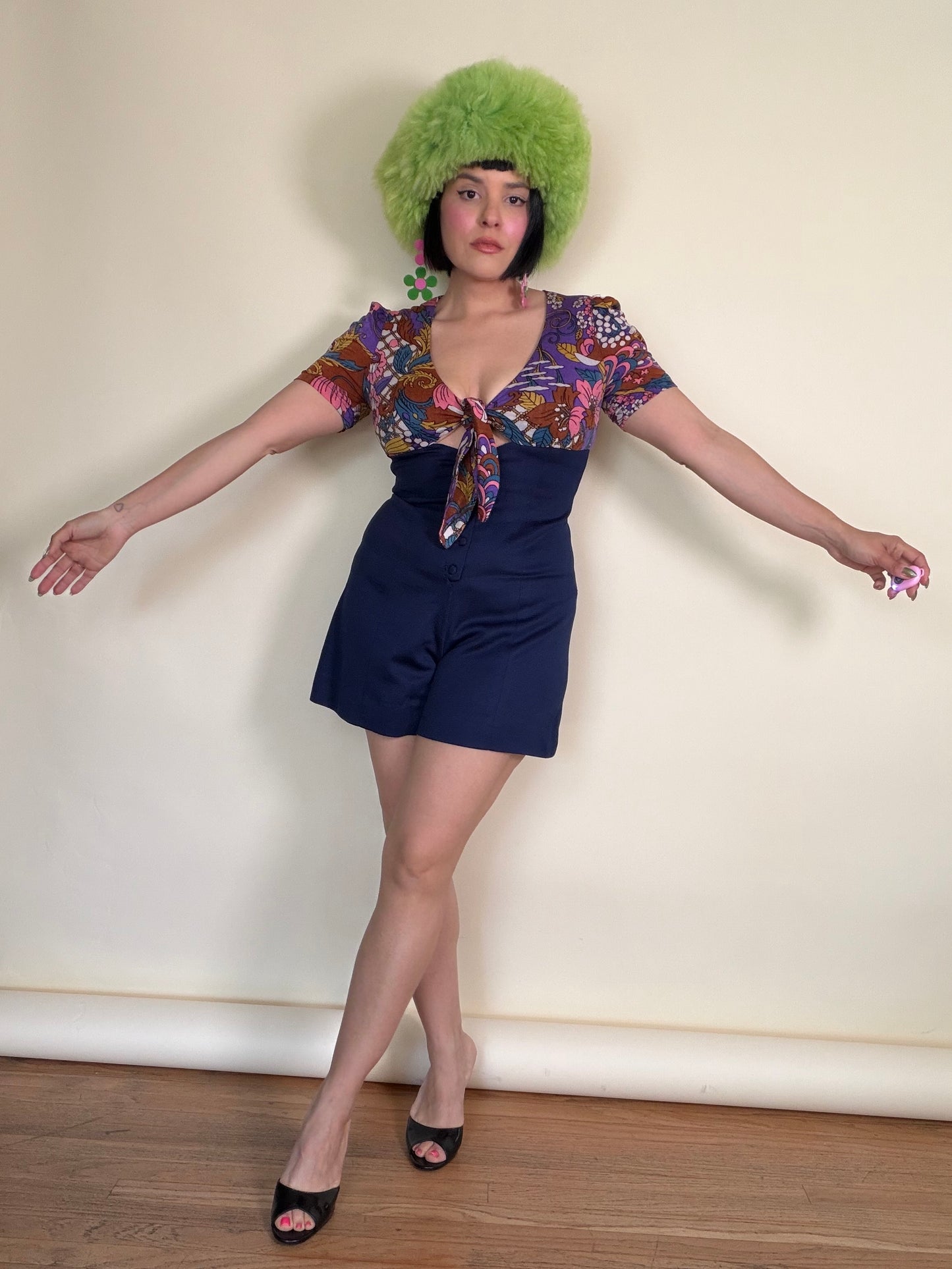 Vintage 60s Goldie Floral Psychedelic Tie-Front Romper with Keyhole Bust Fits XS-M