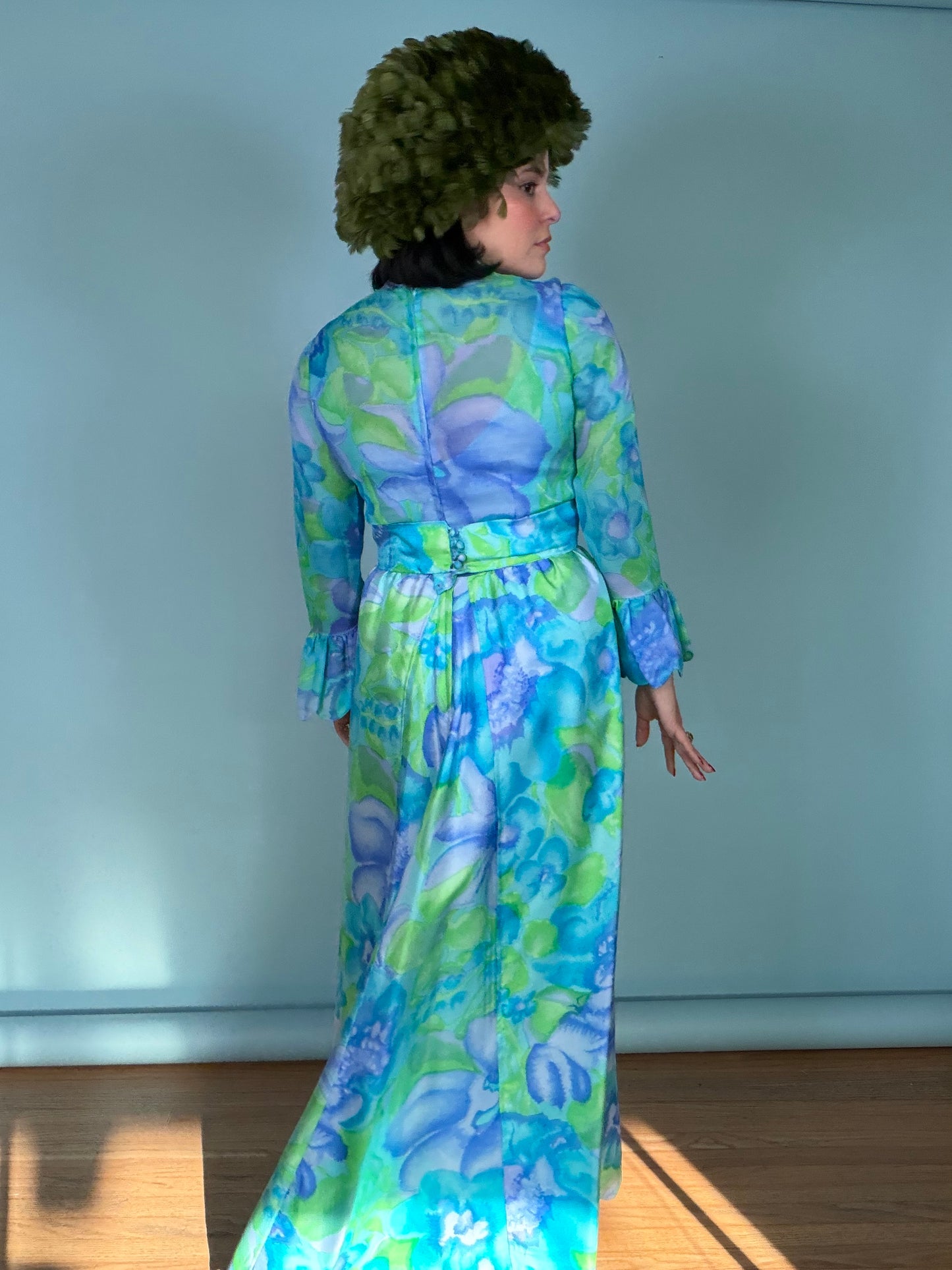 60s Tina Leser Original Floral Silk Chiffon Gown Fits XS-SM
