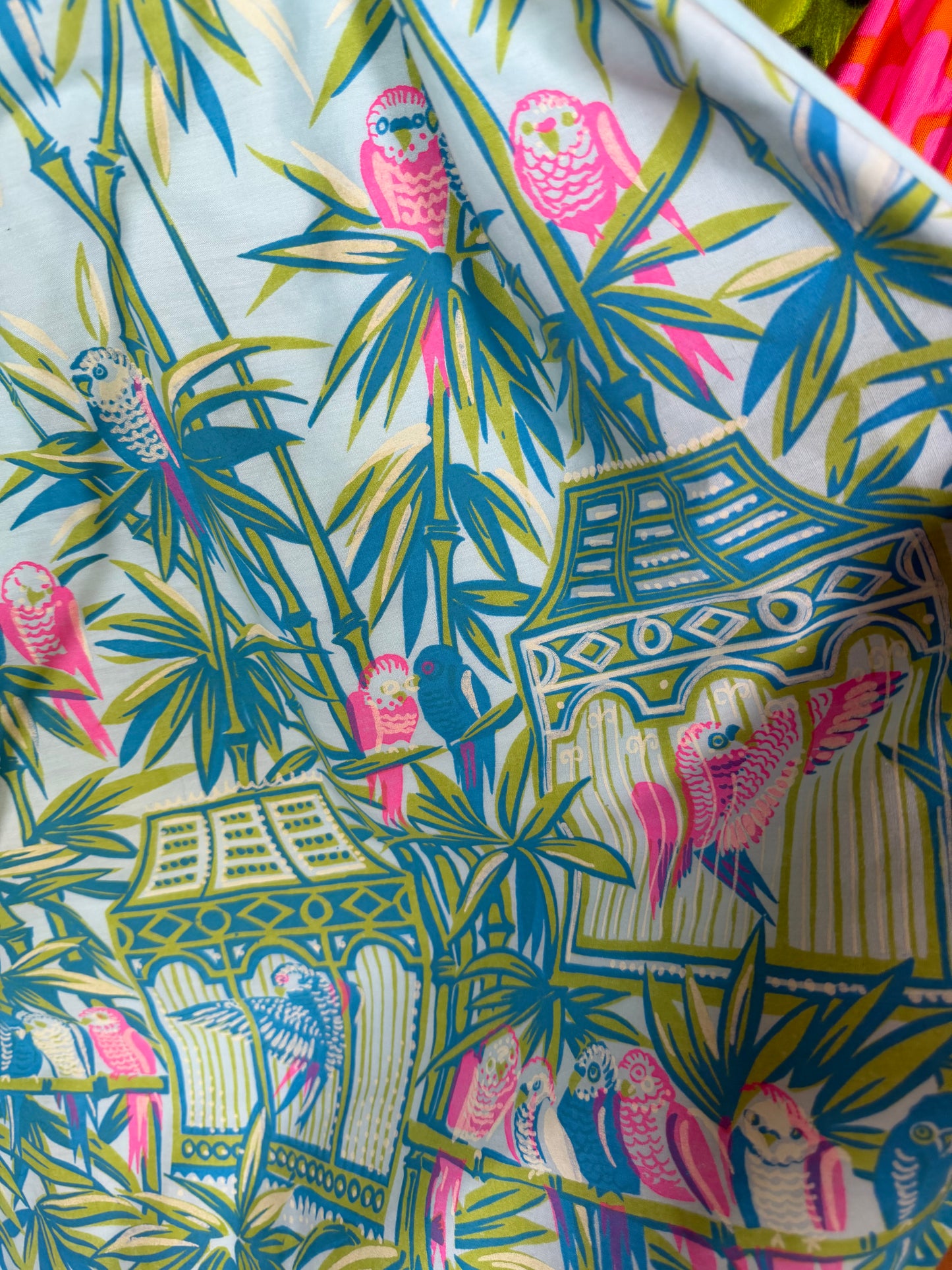 Vintage 60s Lee Stevens of Miami Polished Cotton Tropical Parrot Paradise Print Dress XS-SM