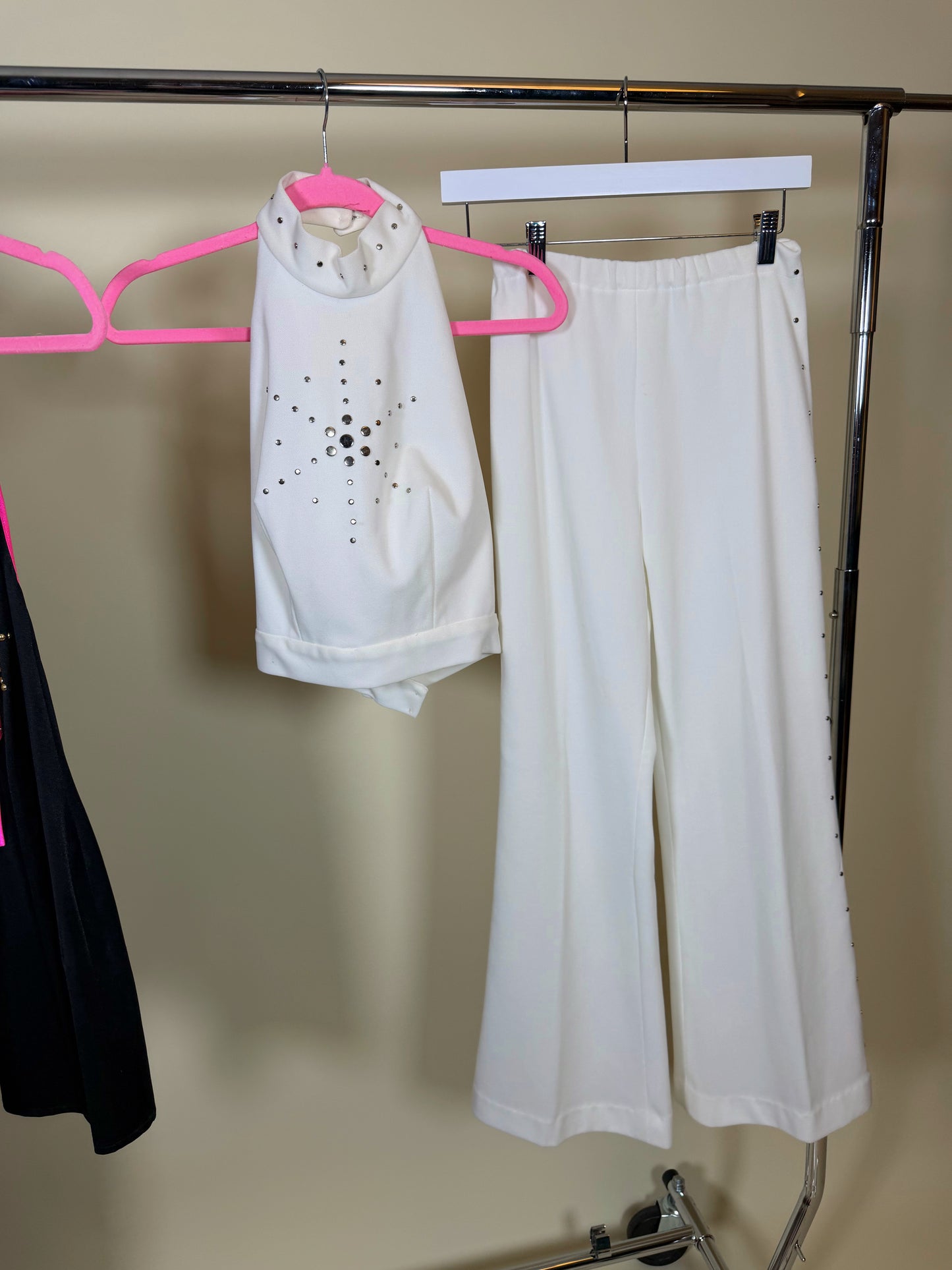 70s Vintage Disco White Halter Studded Pant Set XS-M