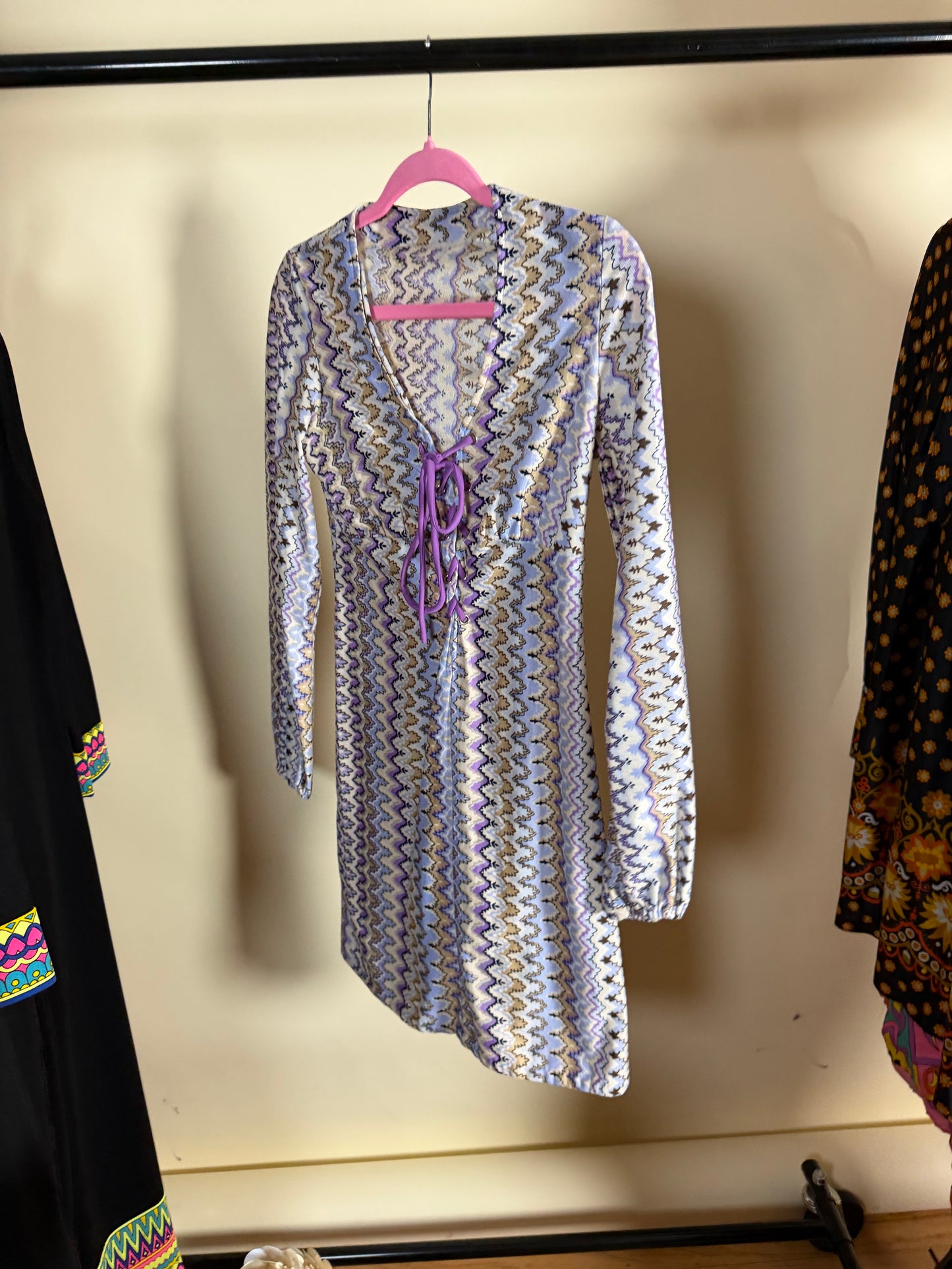 Vintage 60s “Missoni” Style Zig Zag Print Lace up Dress Fits XS-SM