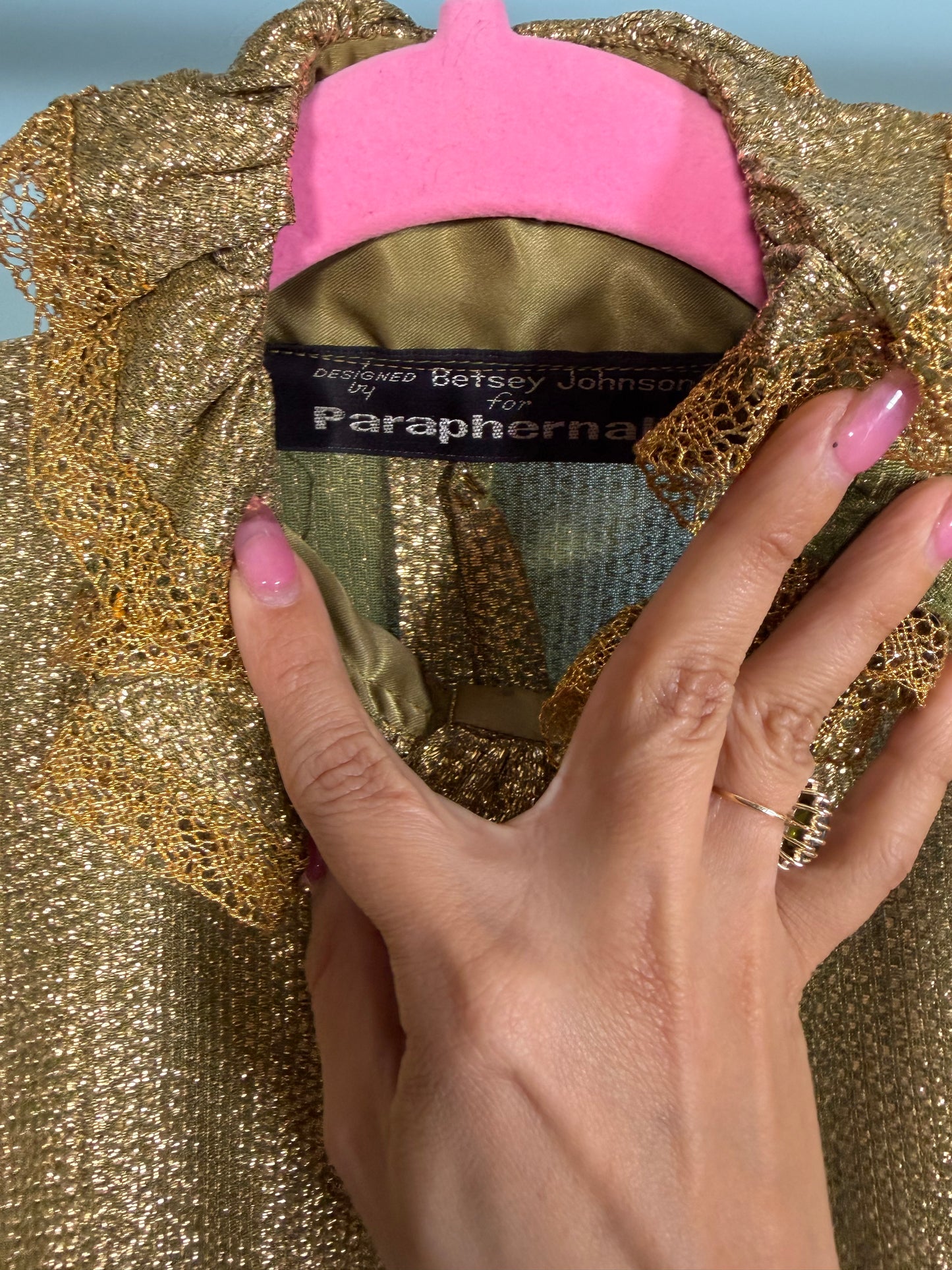 Vintage RARE 70s Betsey Johnson Paraphernalia Gold Metallic Bell Sleeve Mini Duster Dress XS-M