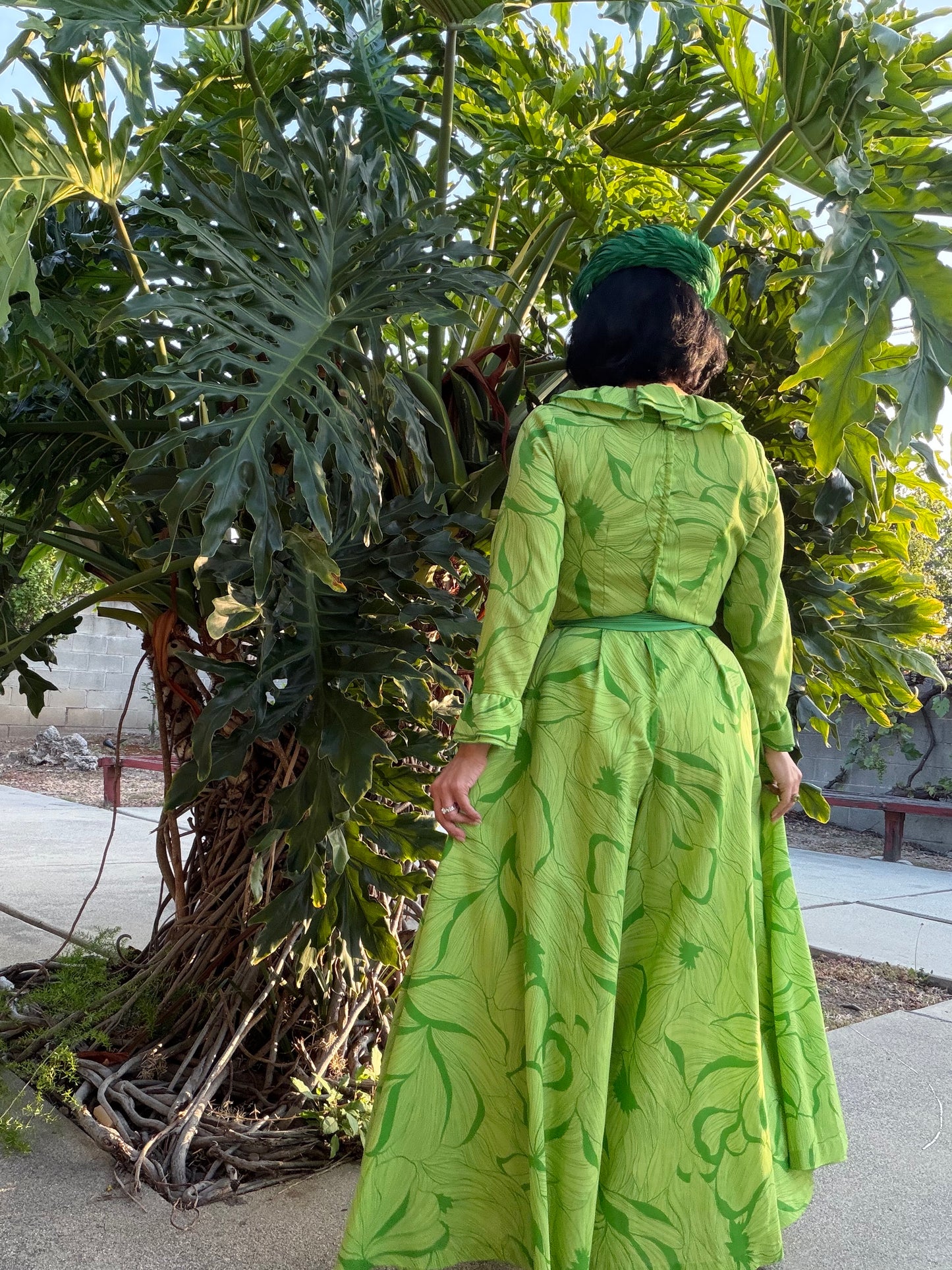 Vintage 60s McKells of Dallas Palm Leaves Cotton Material Extreme Palazzo Jumpsuit Fits XS-M