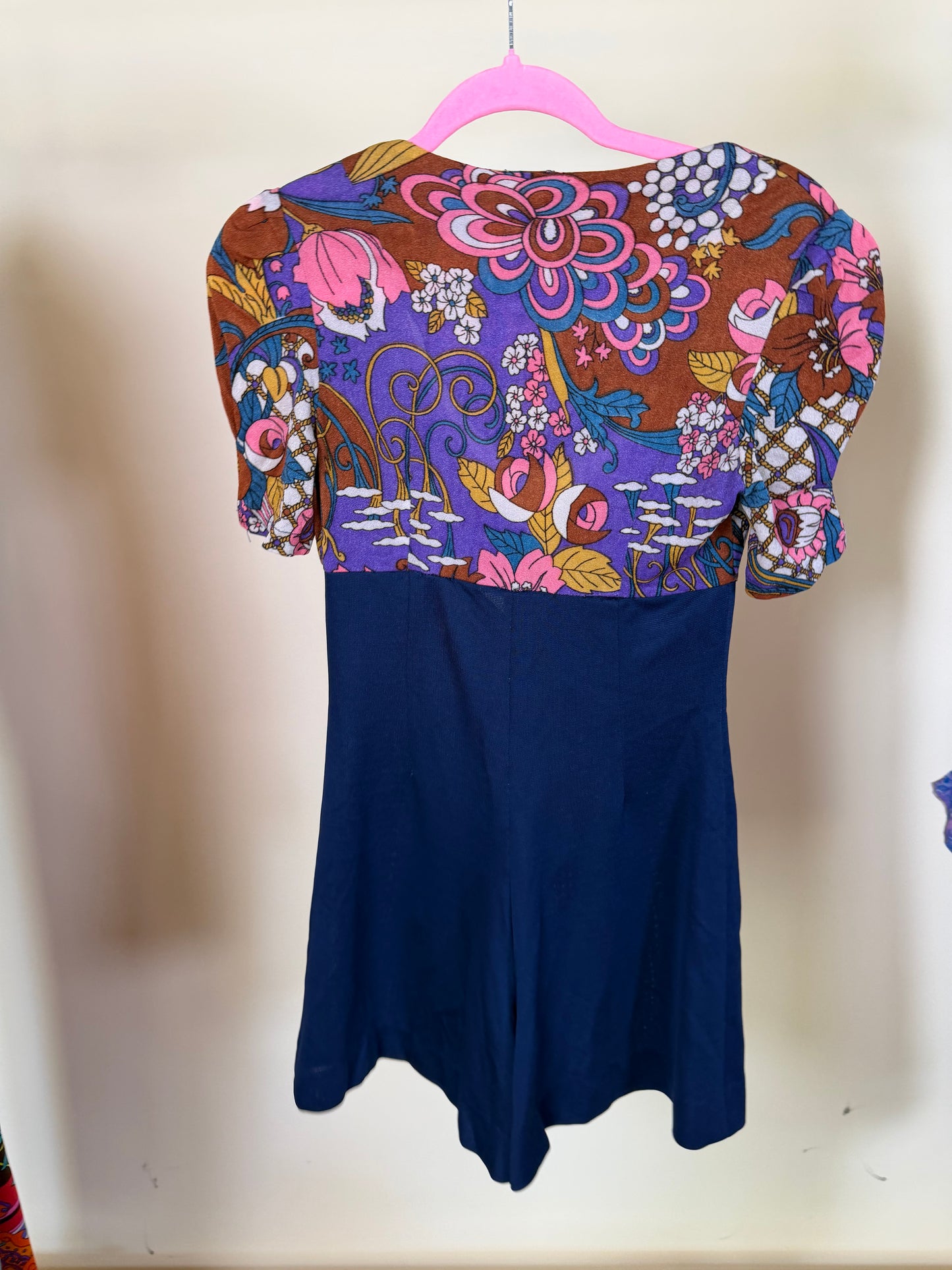 Vintage 60s Goldie Floral Psychedelic Tie-Front Romper with Keyhole Bust Fits XS-M