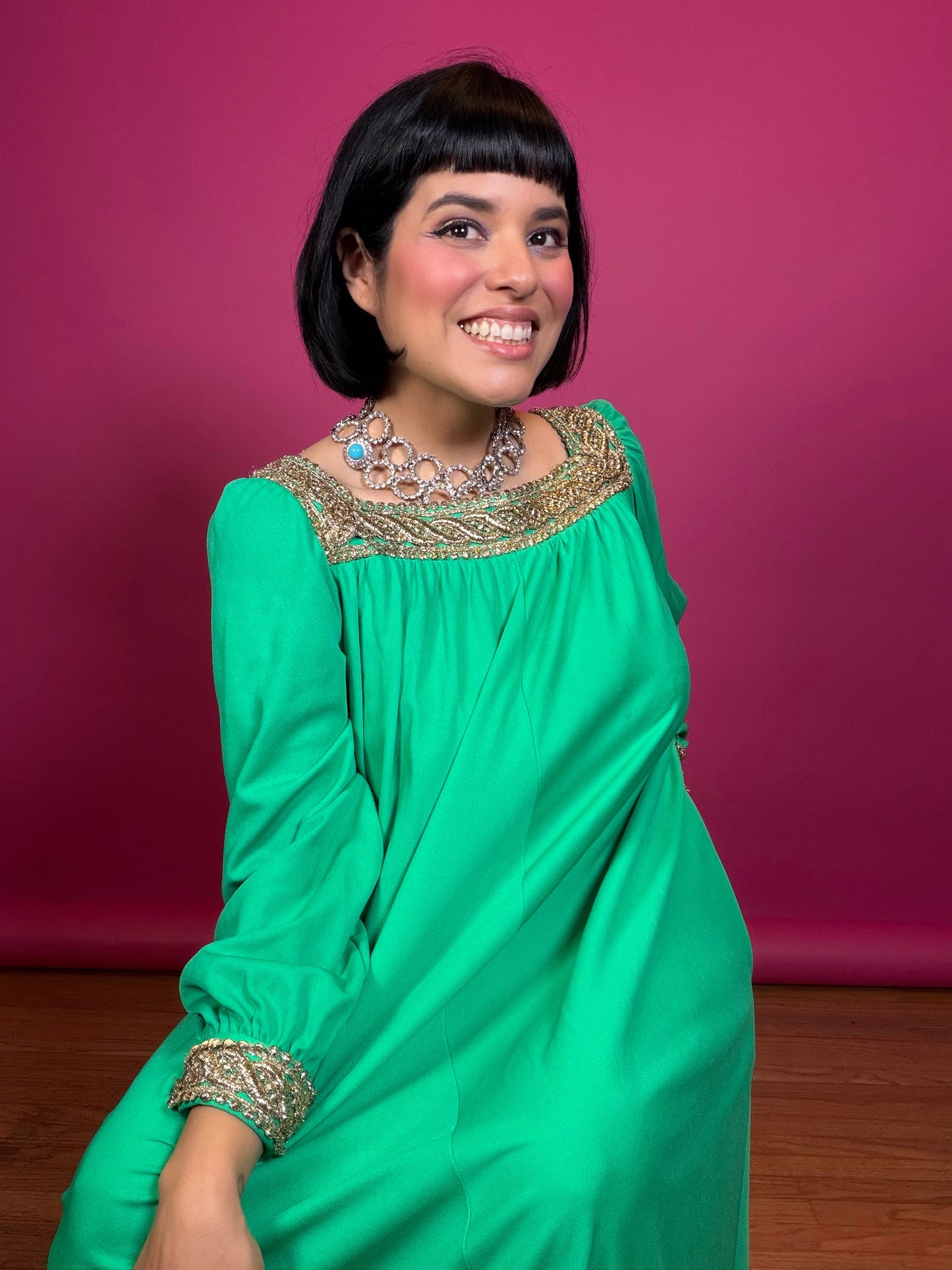 60s Lucie Ann of Beverly Hills Kelley Green & Gold Trapeze Style Dress Fits most sizes