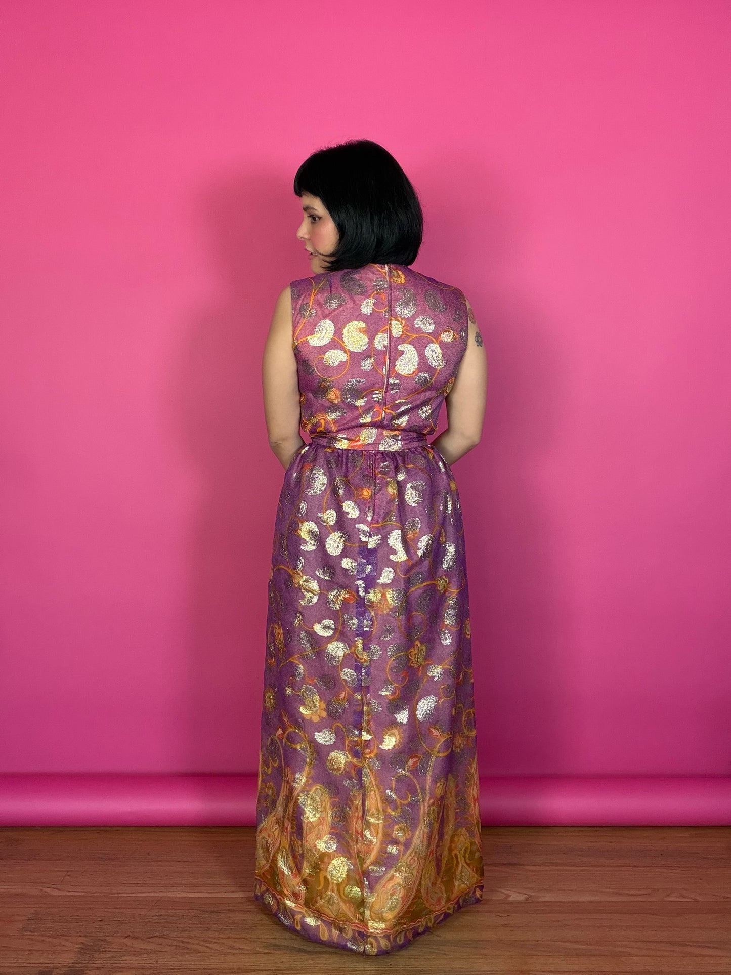 Vintage 60s Krist Sunset Ombre & Gold Paisley Gown Fits XS-SM & Possible size M