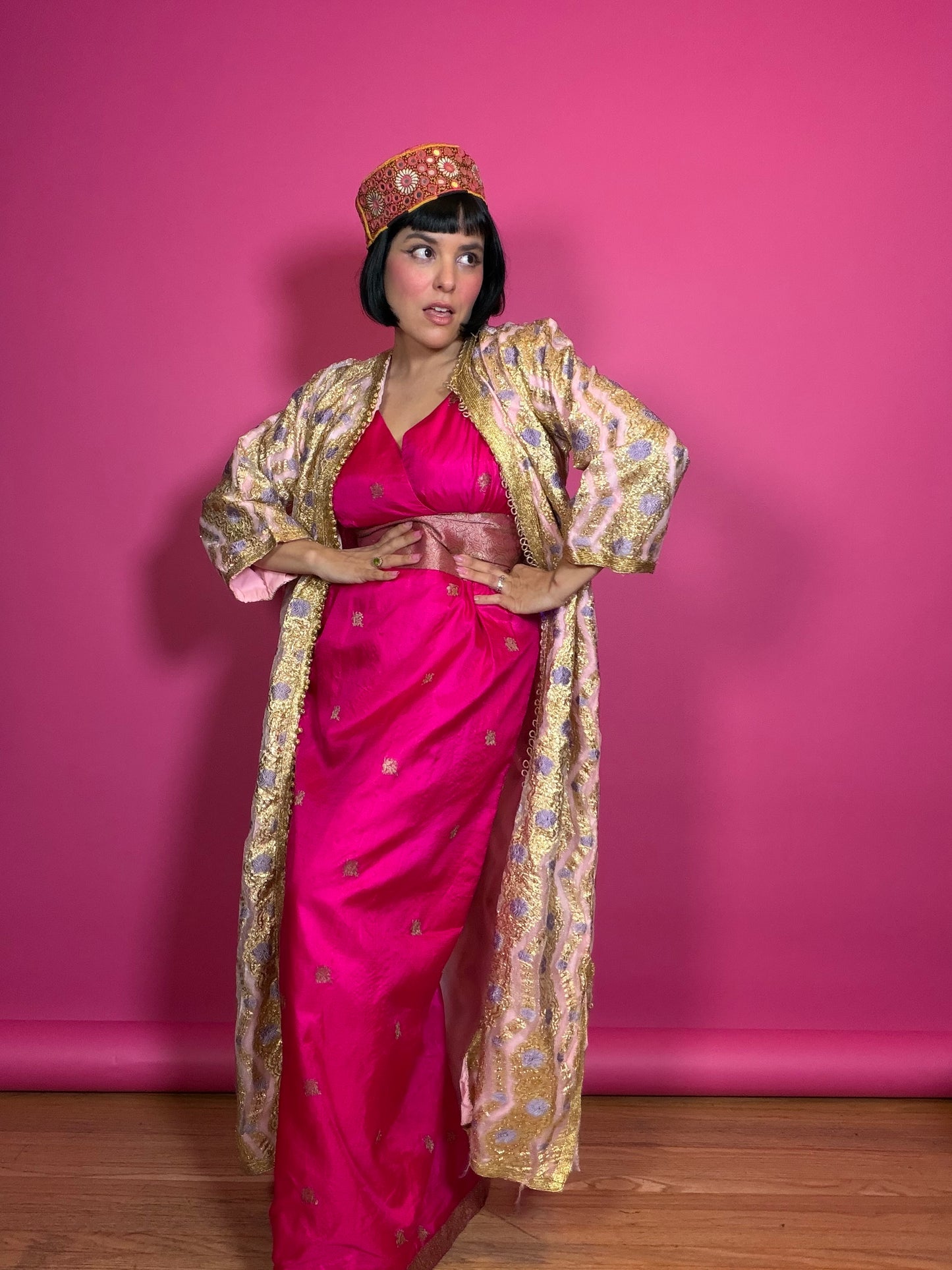 Vintage 60s Gold & Purple Floral Lame Kaftan Fits XS-M