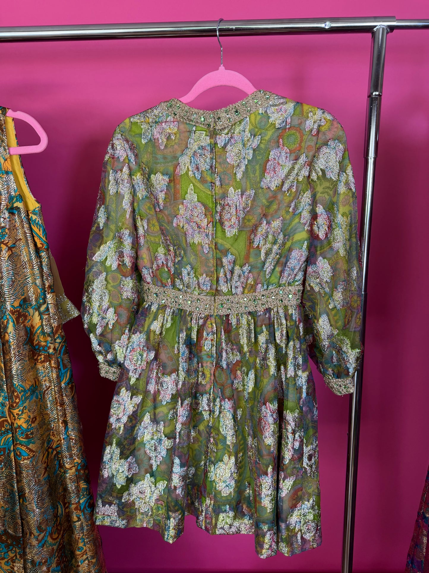 Vintage 60s Saks 5th Ave Chartreuse Rainbow & Gold Lame Cocktail Dress Fits XS-SM