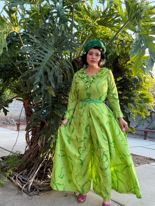 Vintage 60s McKells of Dallas Palm Leaves Cotton Material Extreme Palazzo Jumpsuit Fits XS-M