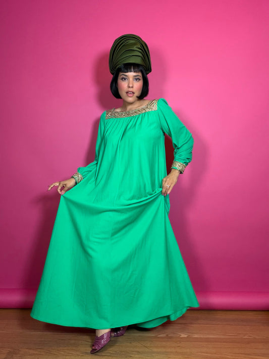 60s Lucie Ann of Beverly Hills Kelley Green & Gold Trapeze Style Dress Fits most sizes