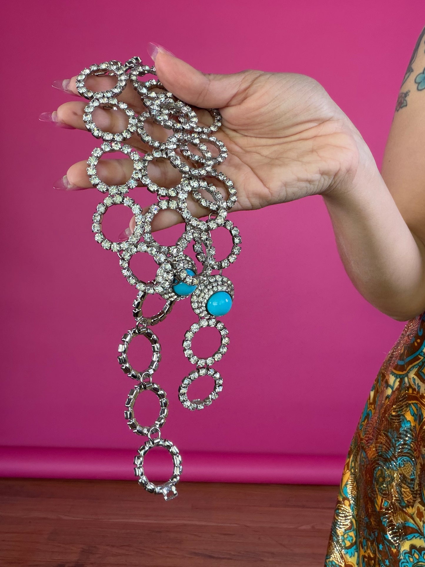 Vintage 60s Turquoise & Rhinestone Chain Belt/Necklace